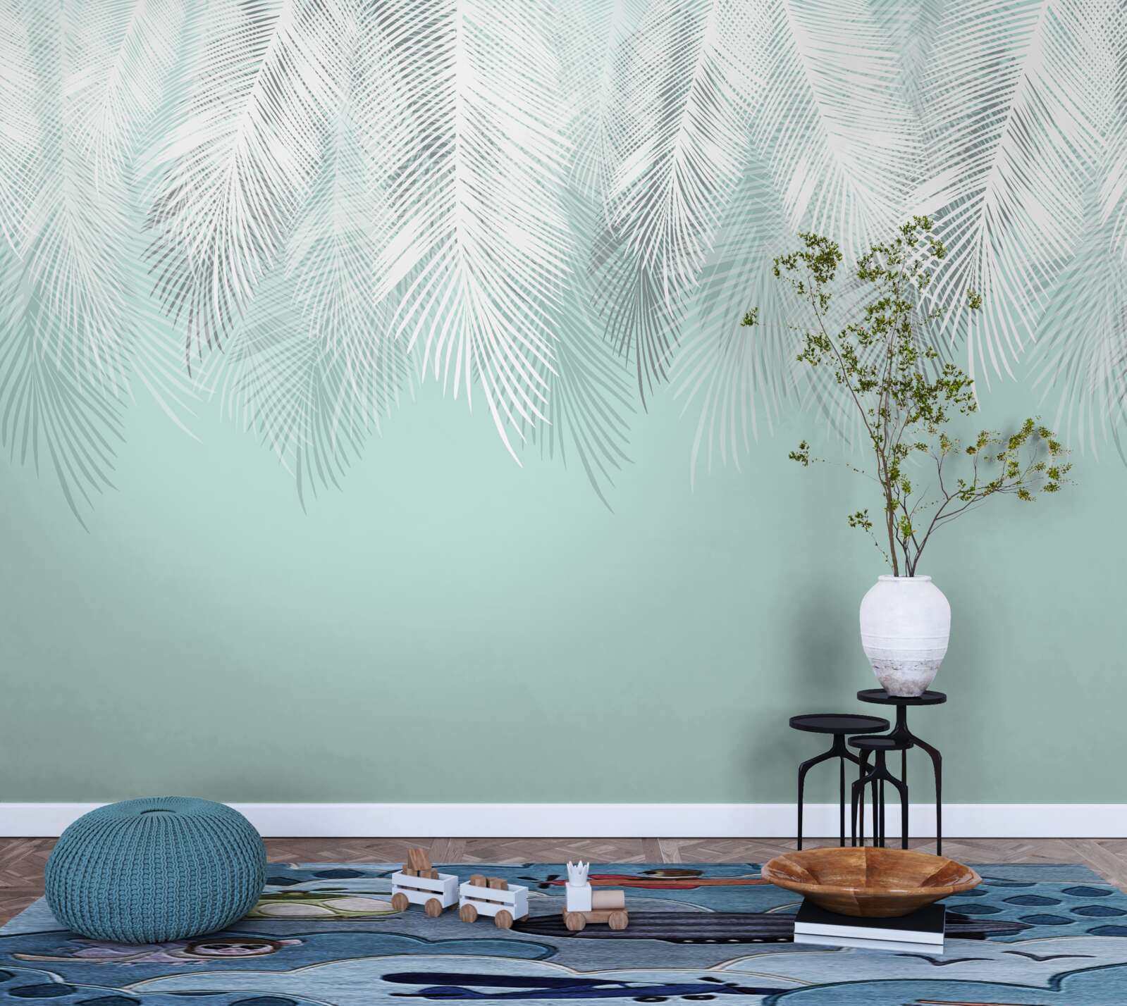 Papier peint les feuilles de palmier sont blanches sur fond turquoise