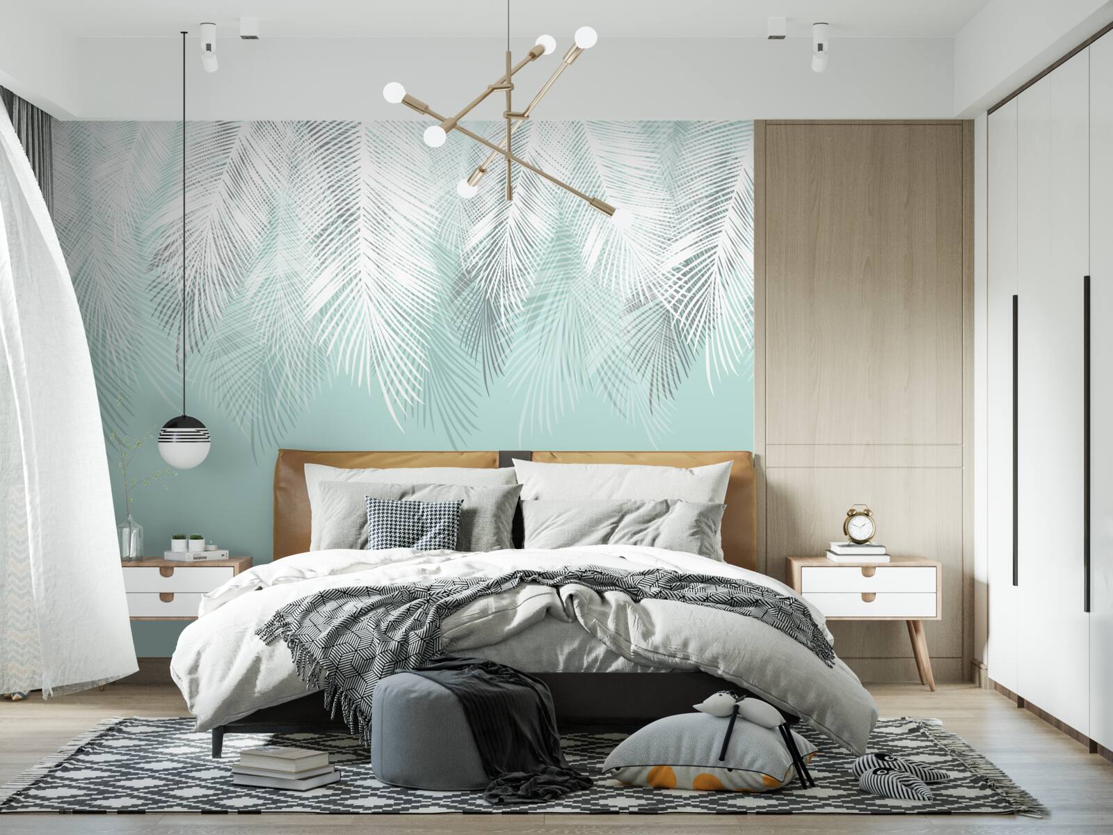 Papier peint les feuilles de palmier sont blanches sur fond turquoise