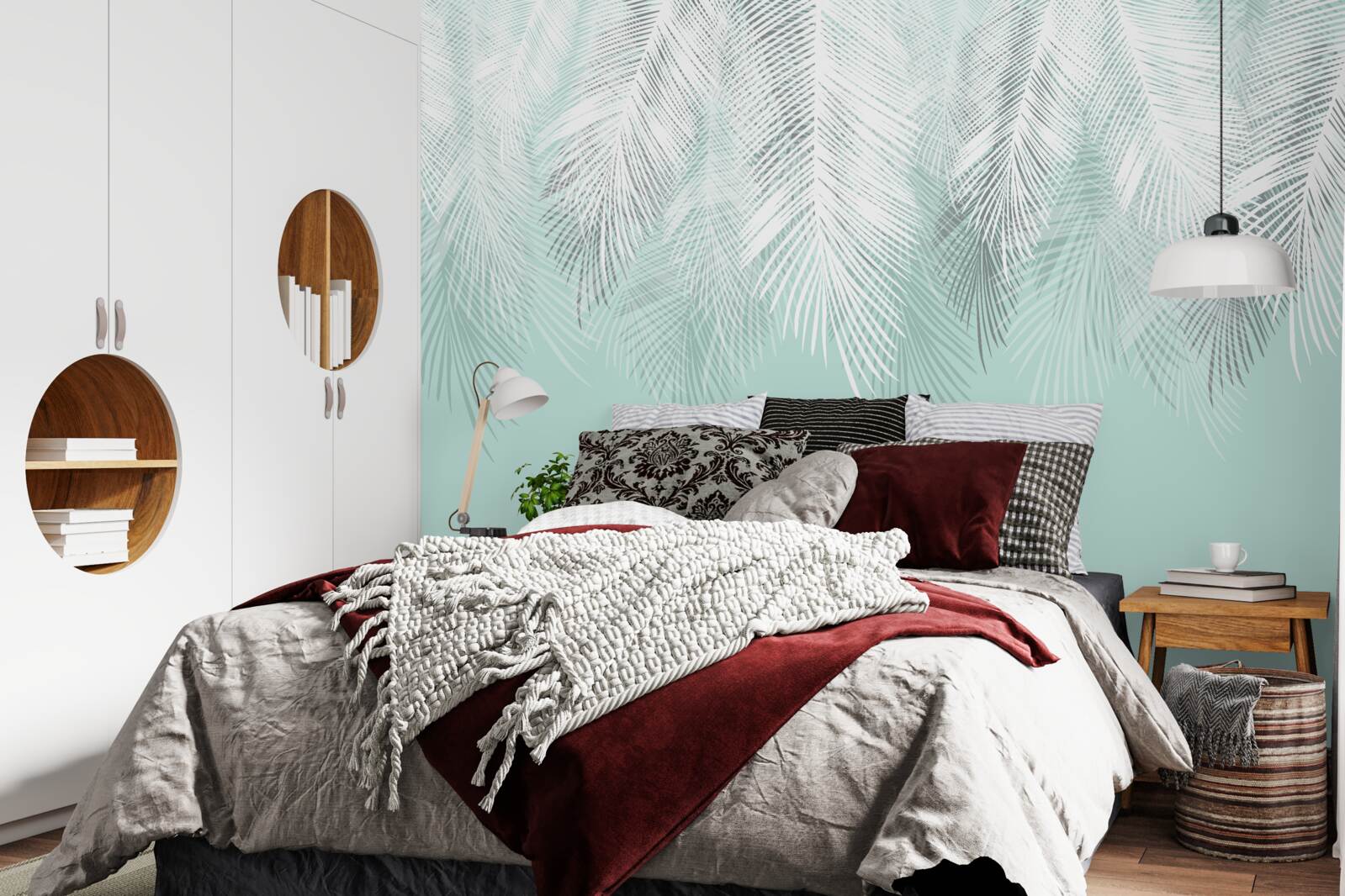 Papier peint les feuilles de palmier sont blanches sur fond turquoise