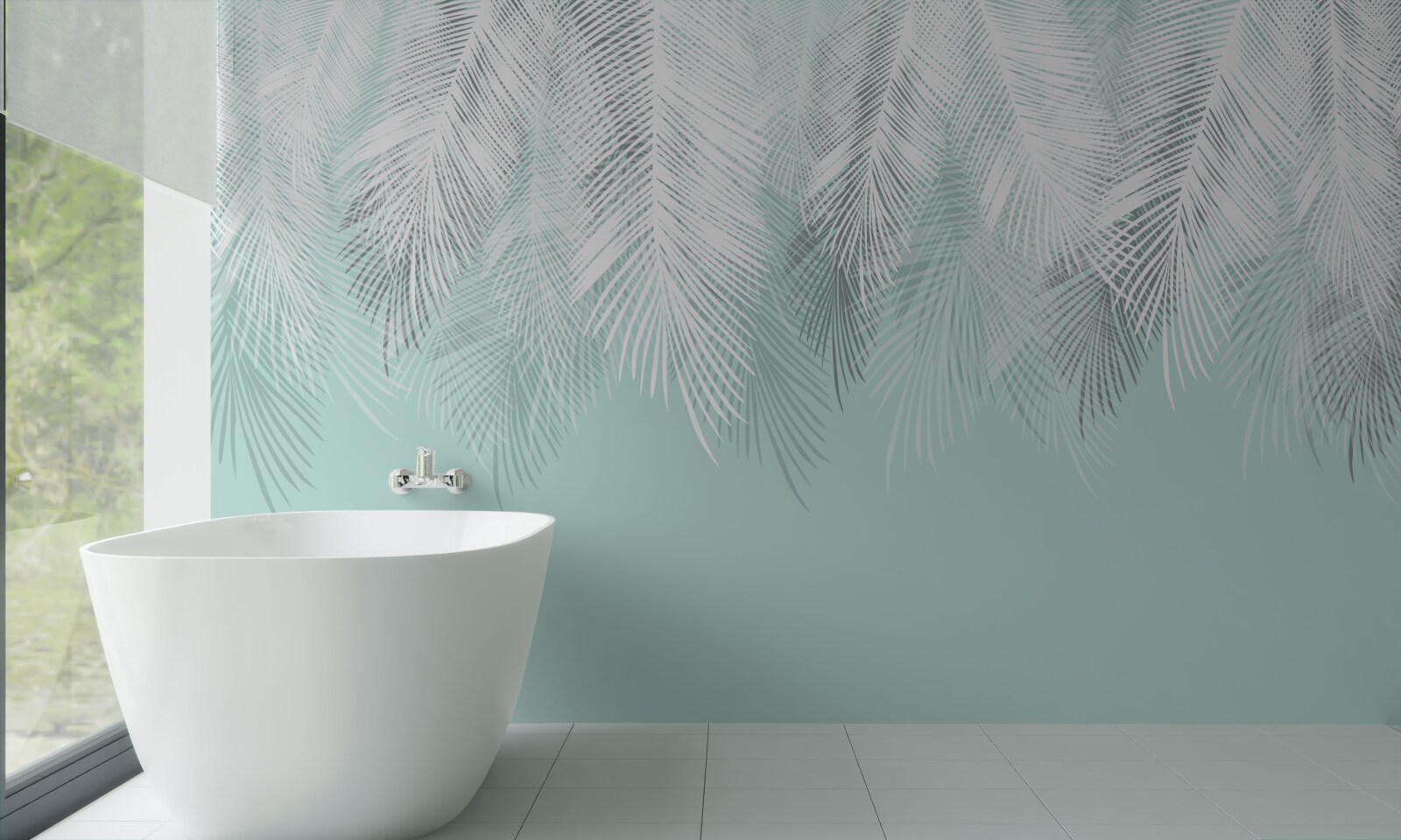 Papier peint les feuilles de palmier sont blanches sur fond turquoise