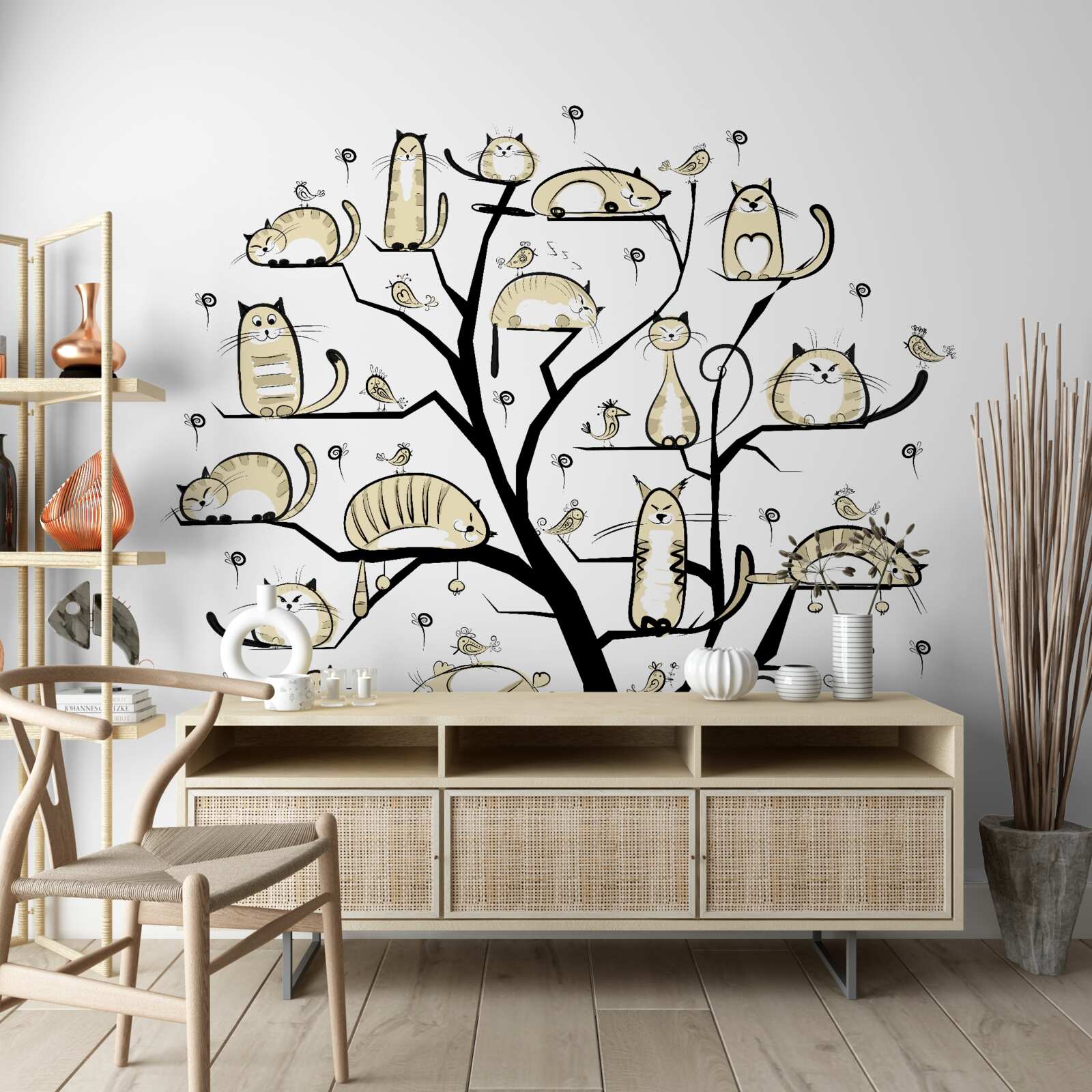 Papier peint chats pelucheux sur des branches d'arbre