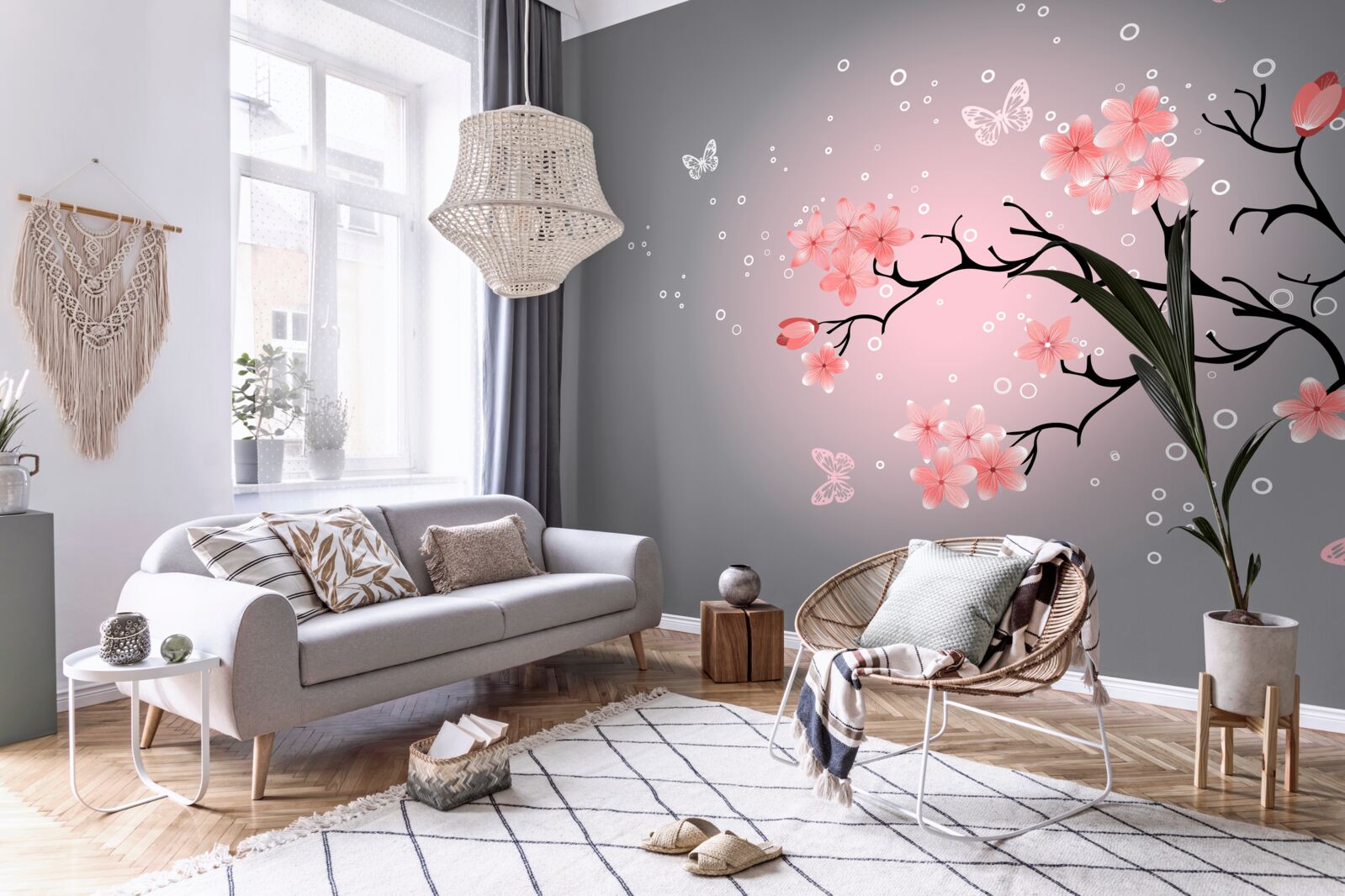 Papier peint papillons et branche de sakura