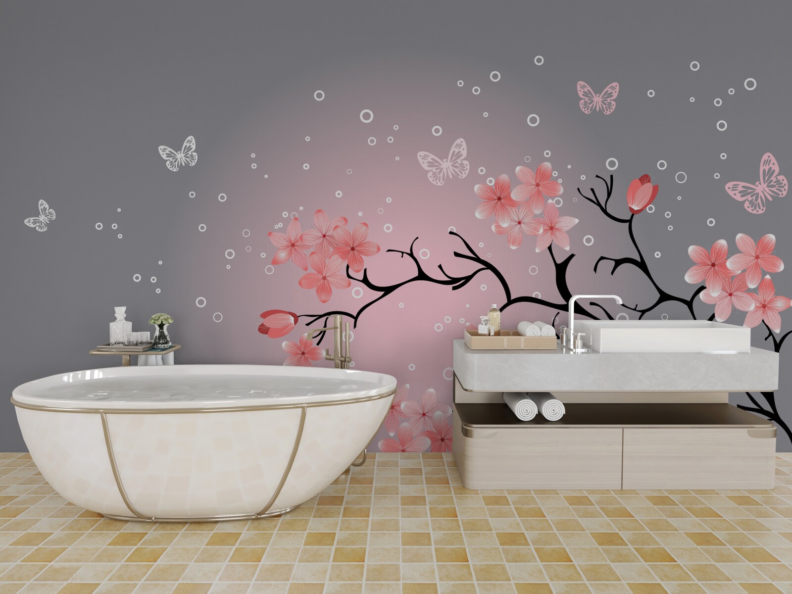 Papier peint papillons et branche de sakura