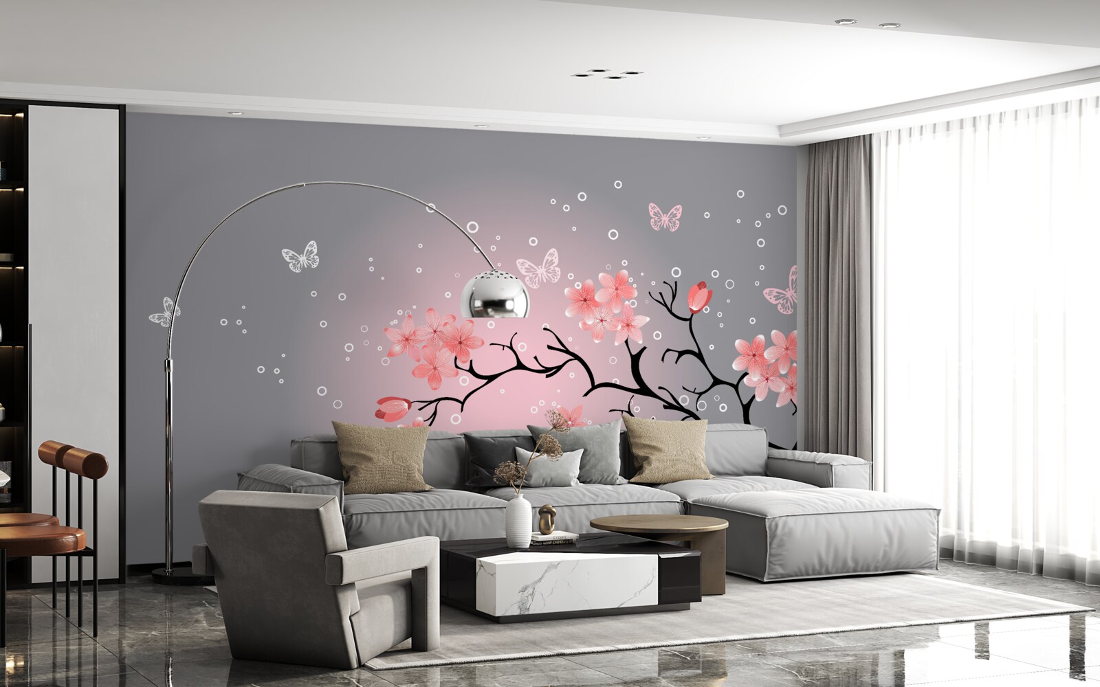 Papier peint papillons et branche de sakura