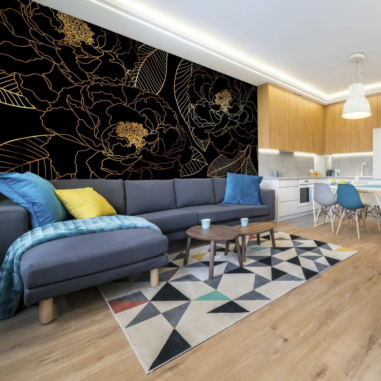 Papier peint Texture de feuilles et de fleurs, nuancée d'or