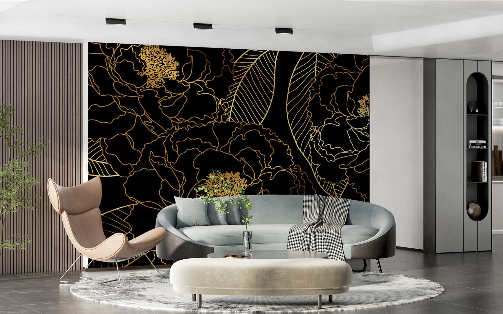 Papier peint Texture de feuilles et de fleurs, nuancée d'or