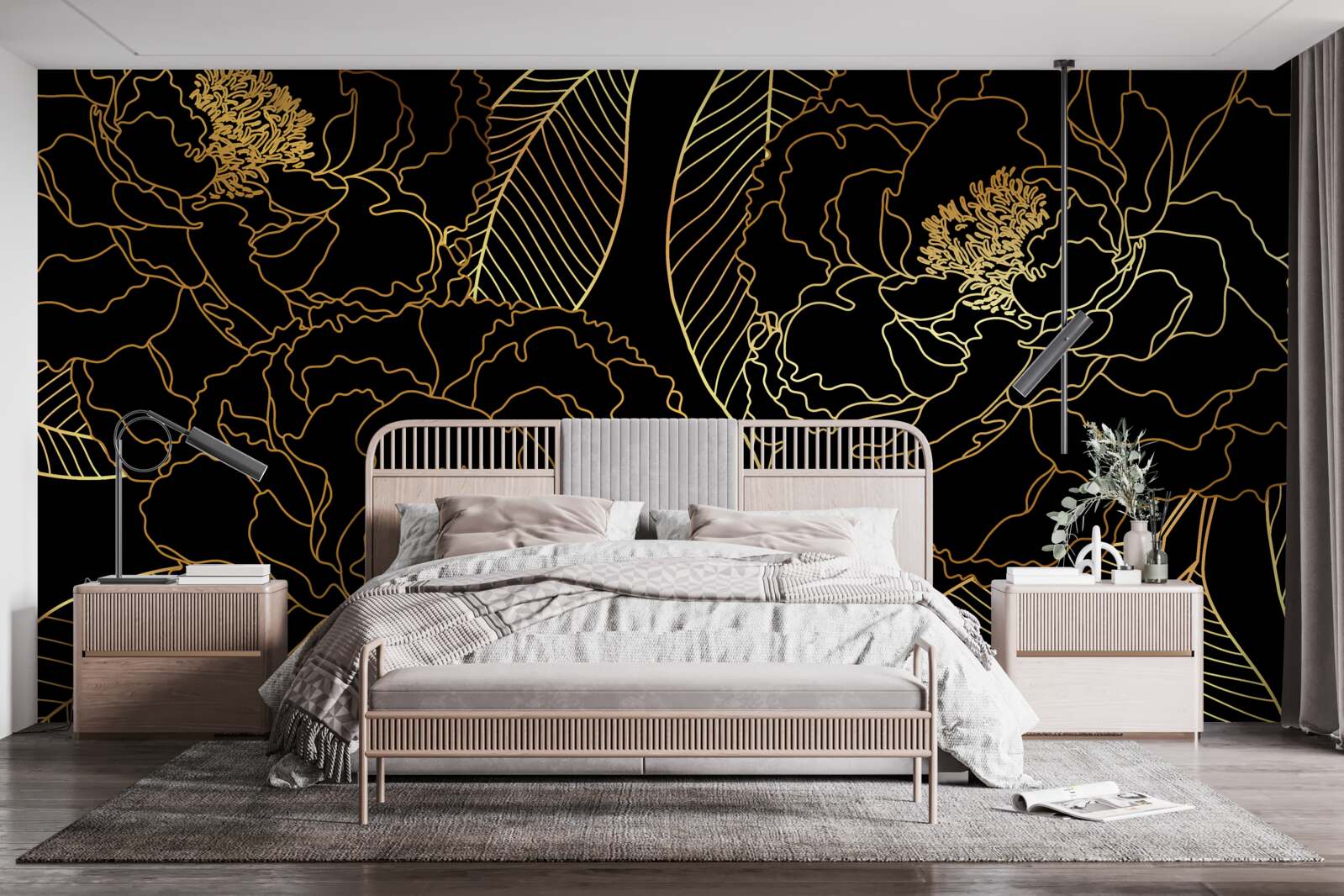 Papier peint Texture de feuilles et de fleurs, nuancée d'or