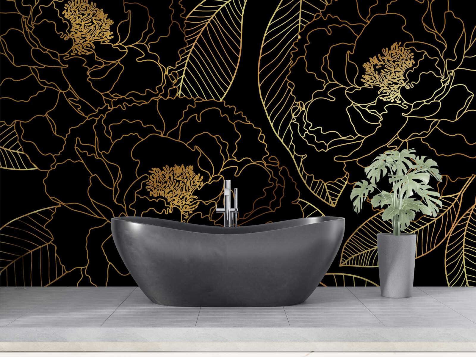 Papier peint Texture de feuilles et de fleurs, nuancée d'or