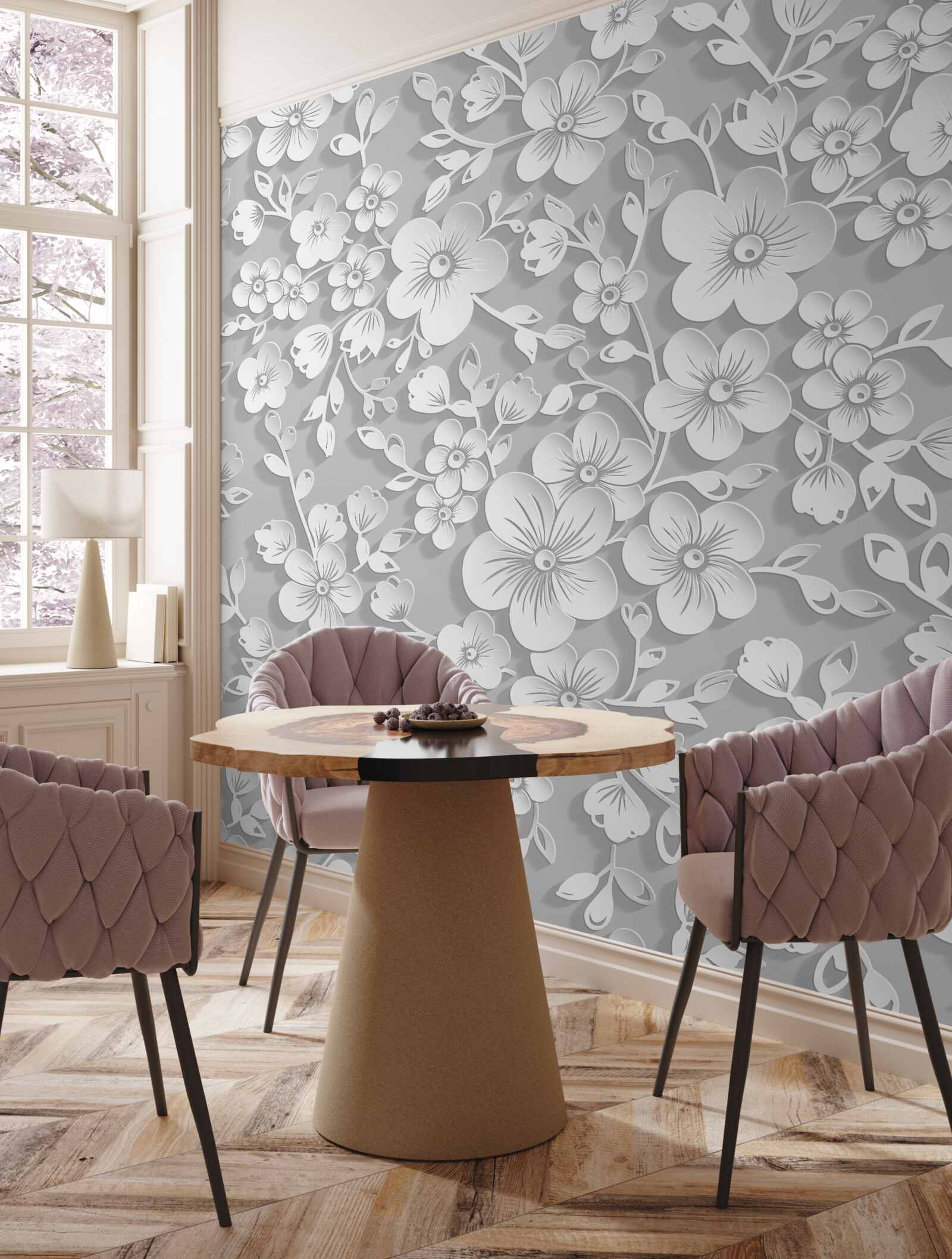 Papier peint fond parsemé de fines fleurs blanches