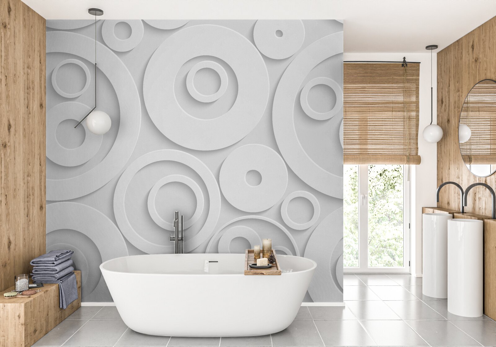 Papier peint motifs circulaires blancs