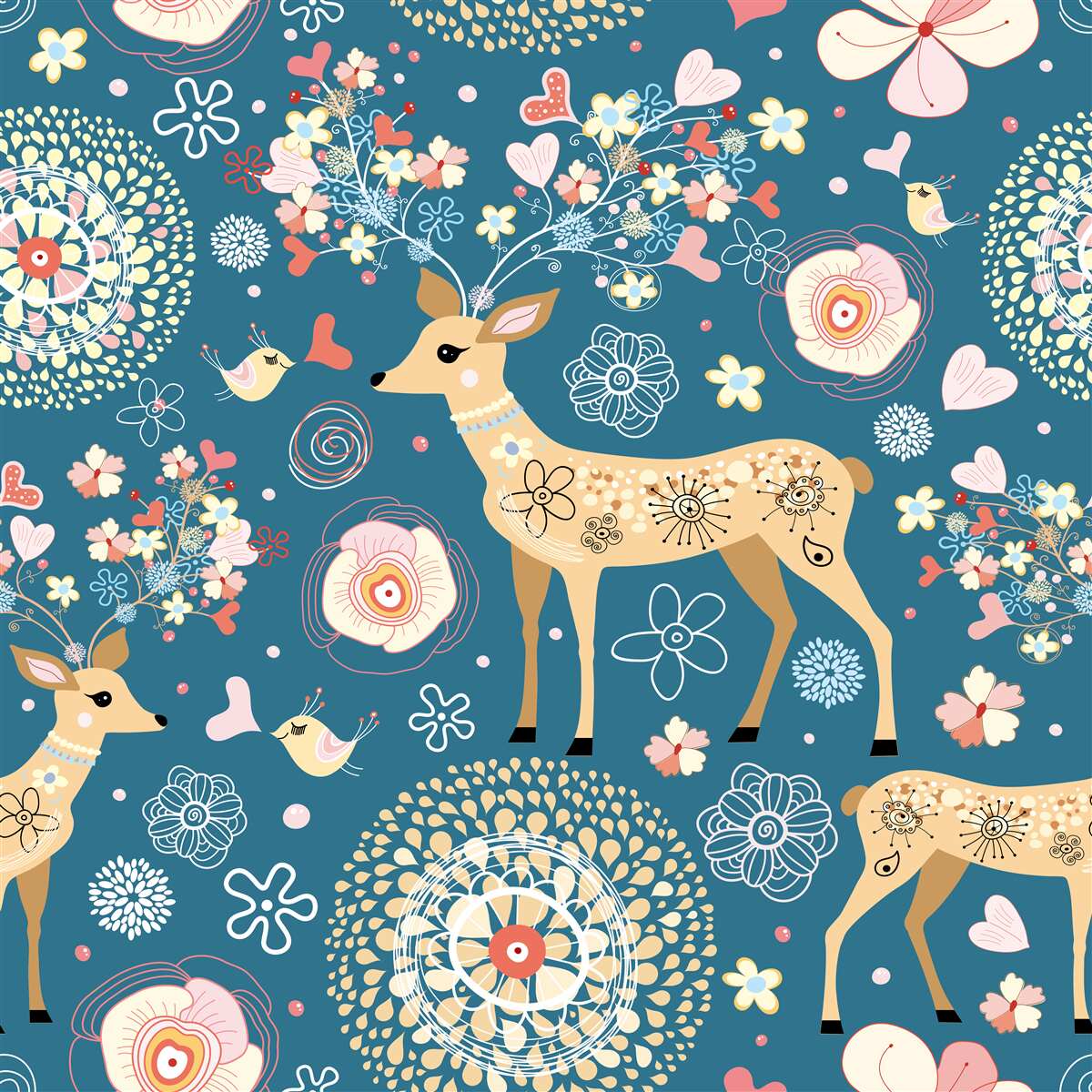 Papier peint oiseaux et cerfs entourés de fleurs