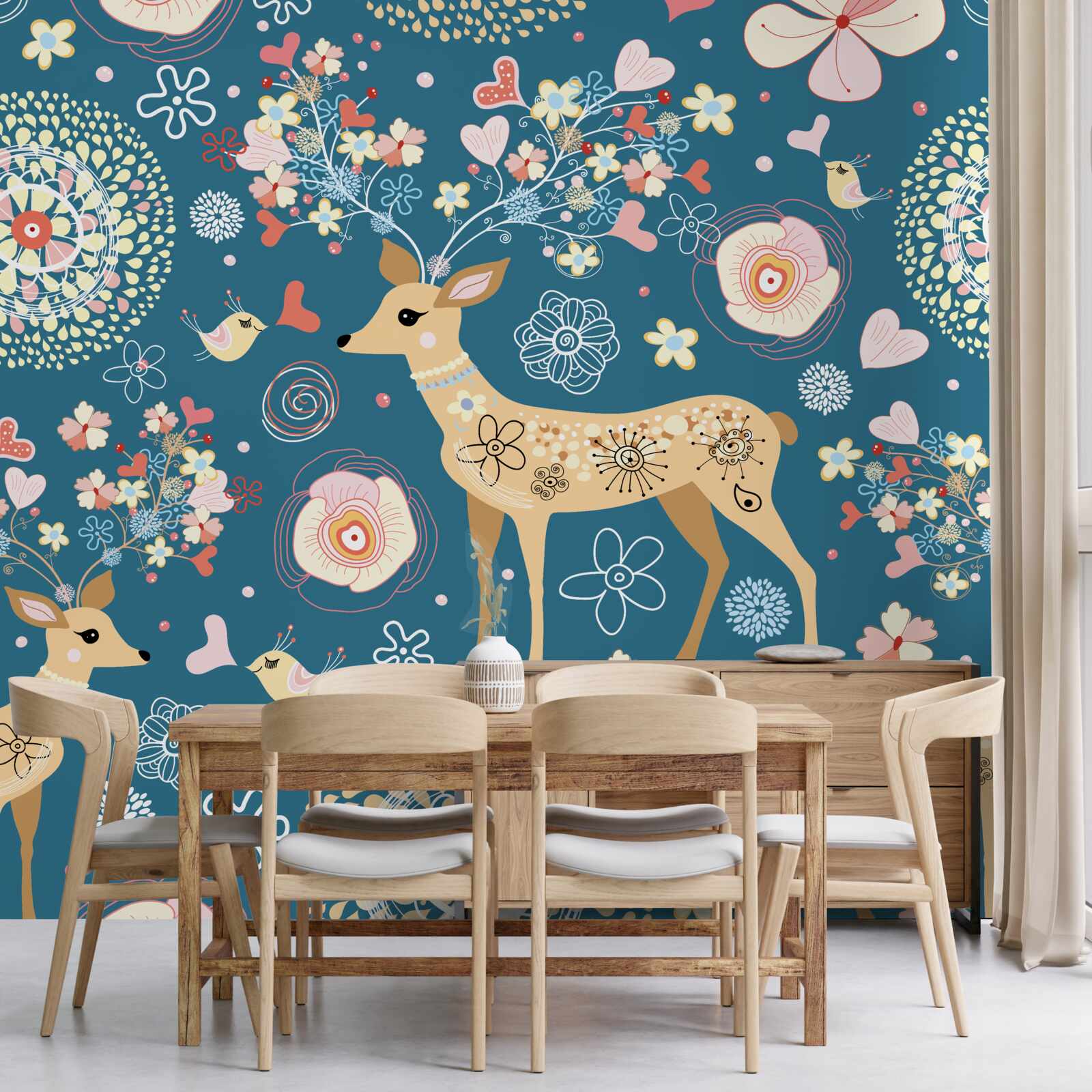 Papier peint oiseaux et cerfs entourés de fleurs