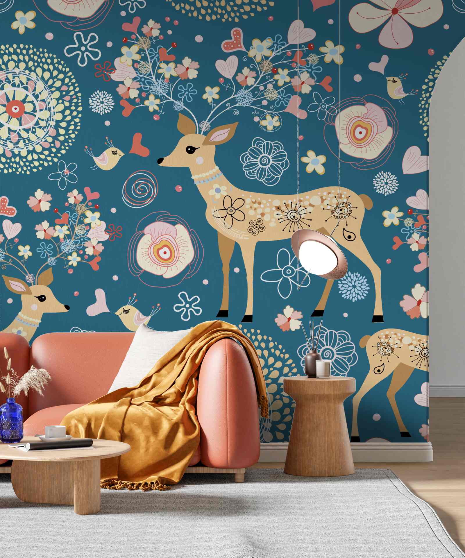 Papier peint oiseaux et cerfs entourés de fleurs