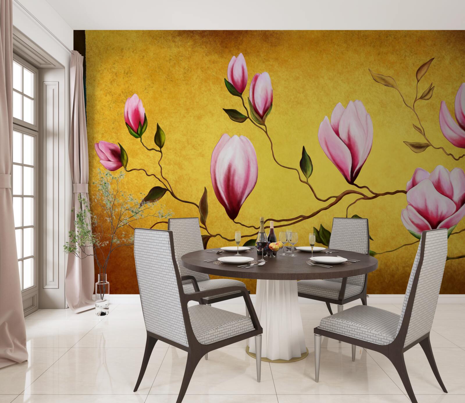 Papier peint magnolias roses du japon