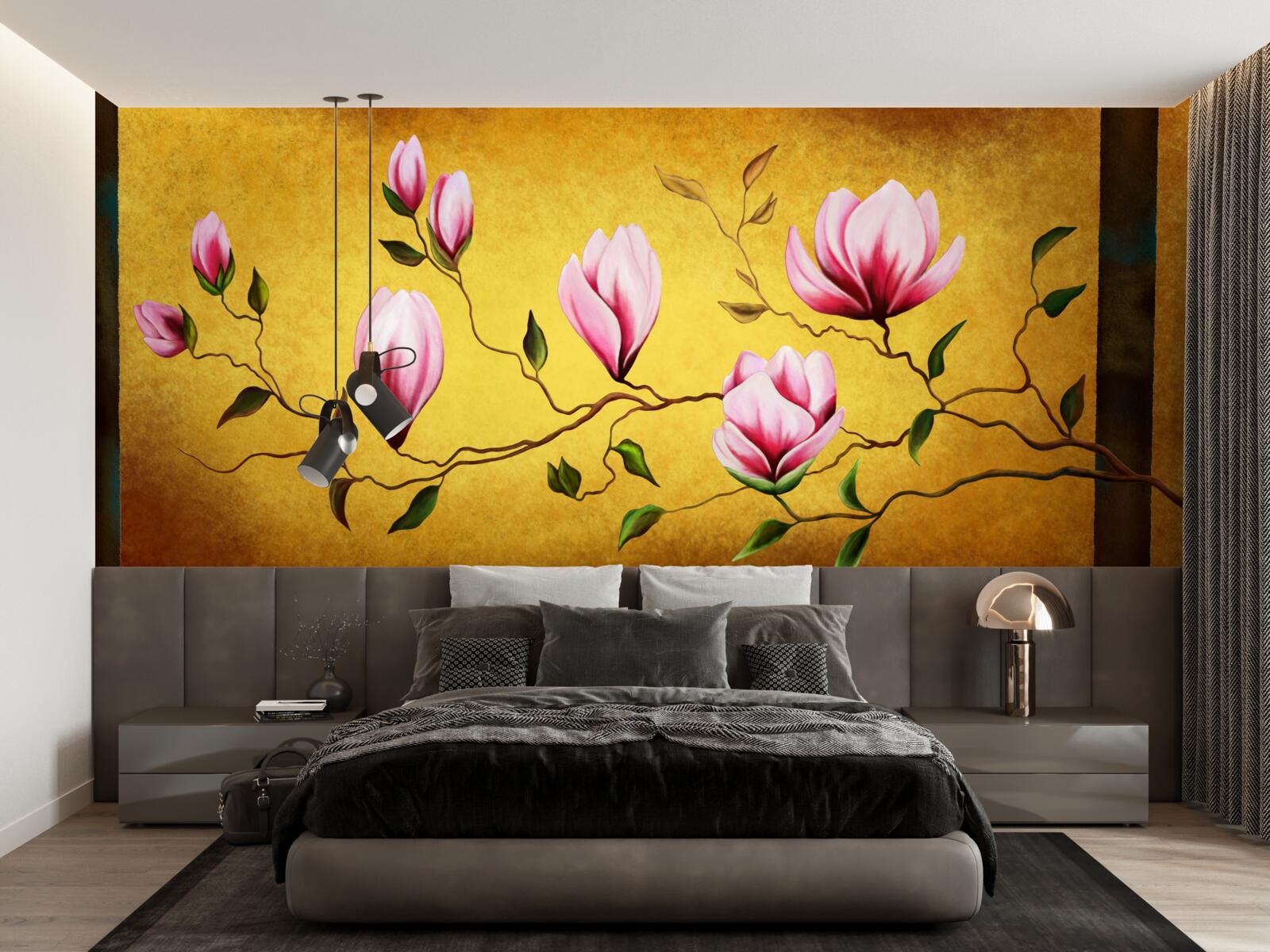 Papier peint magnolias roses du japon