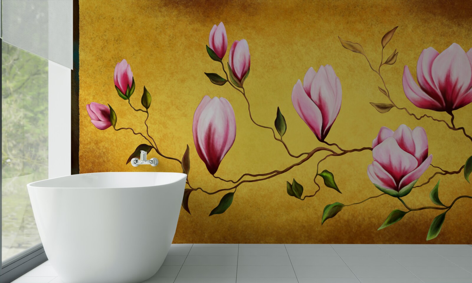 Papier peint magnolias roses du japon