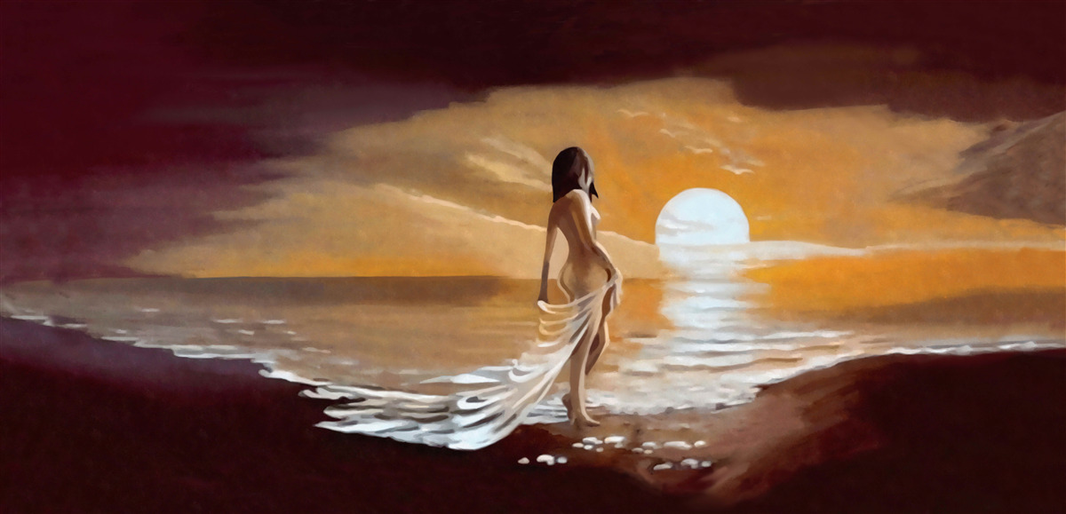 Papier peint une jeune fille regarde le coucher de soleil au bord de la mer