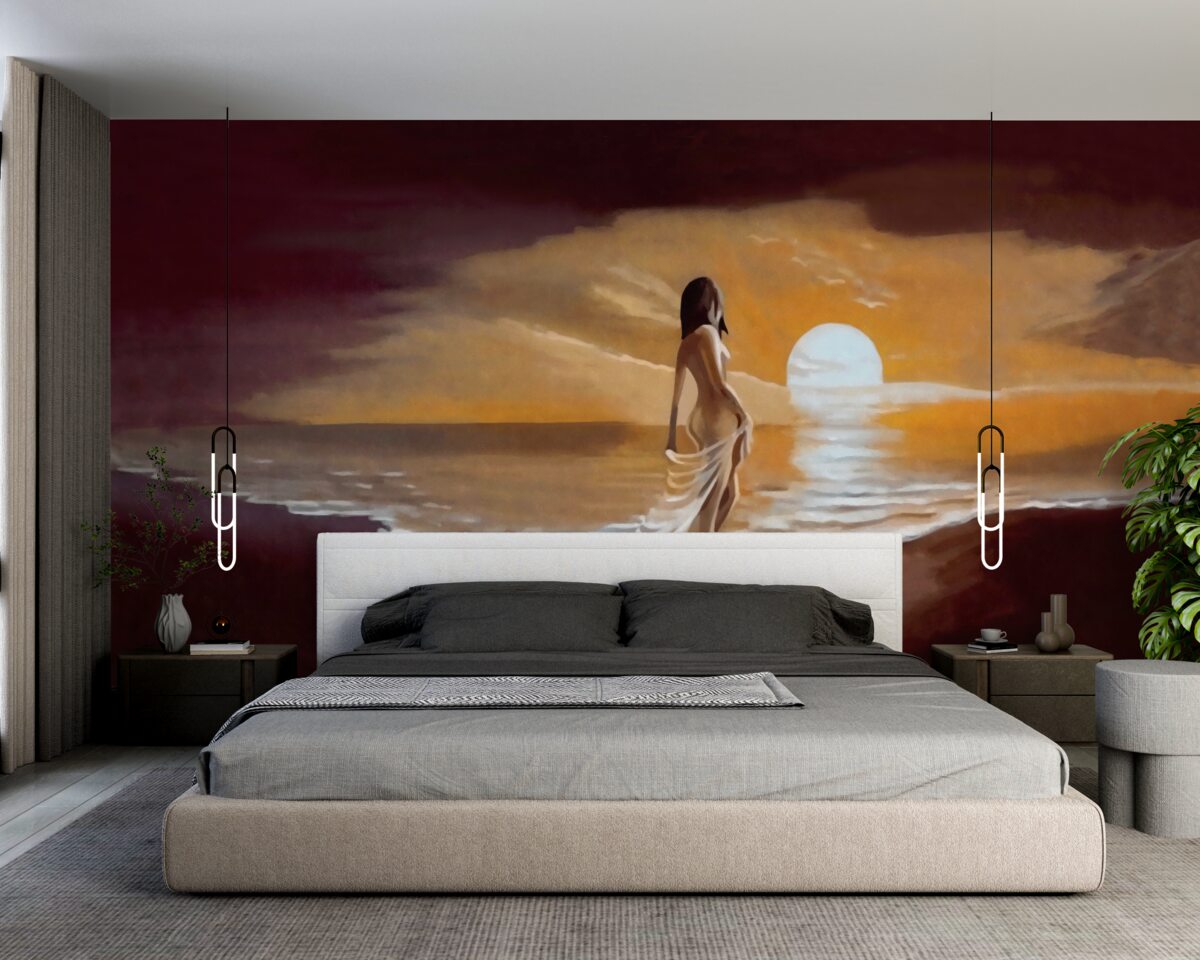 Papier peint une jeune fille regarde le coucher de soleil au bord de la mer