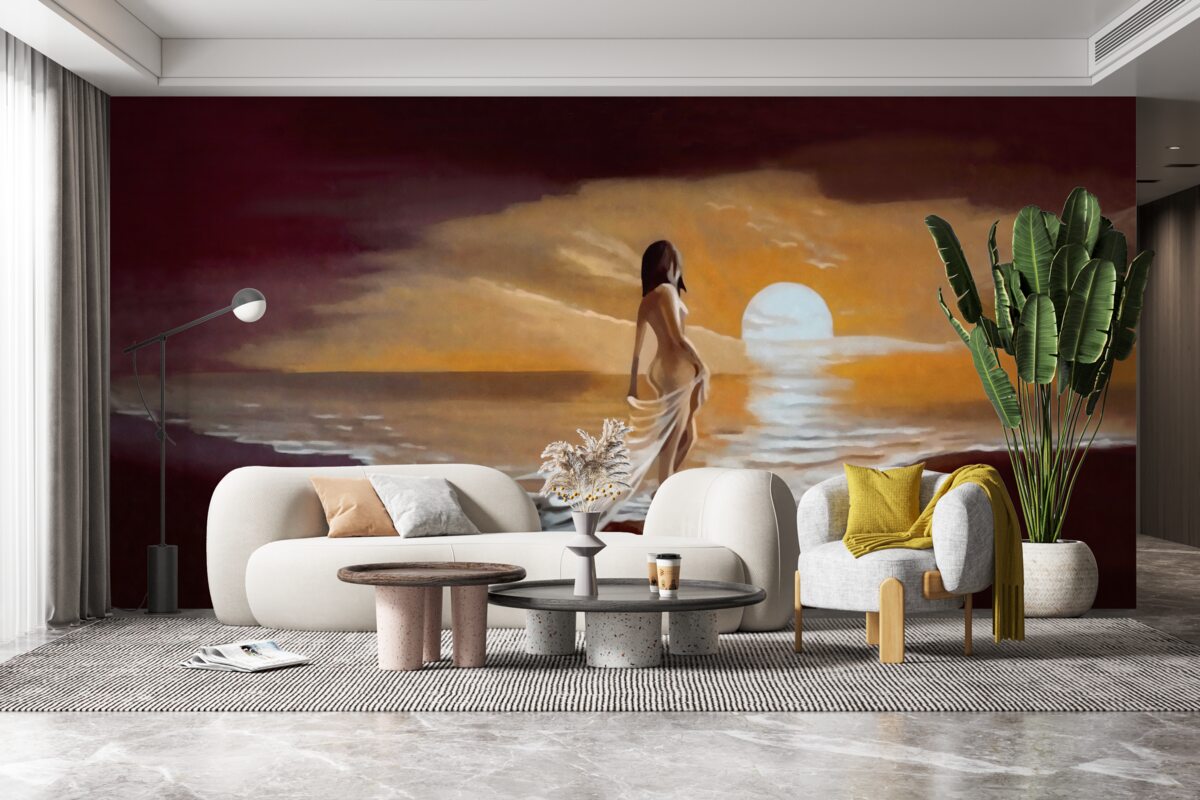 Papier peint une jeune fille regarde le coucher de soleil au bord de la mer