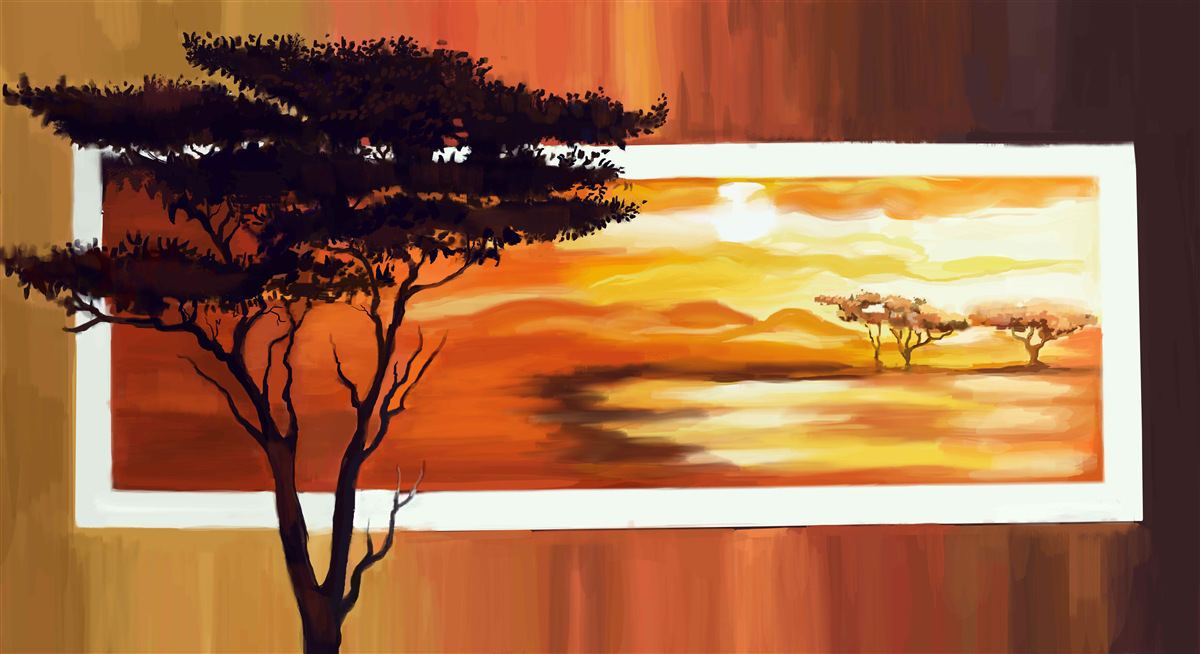 Papier peint lac au coucher du soleil avec bonsaï