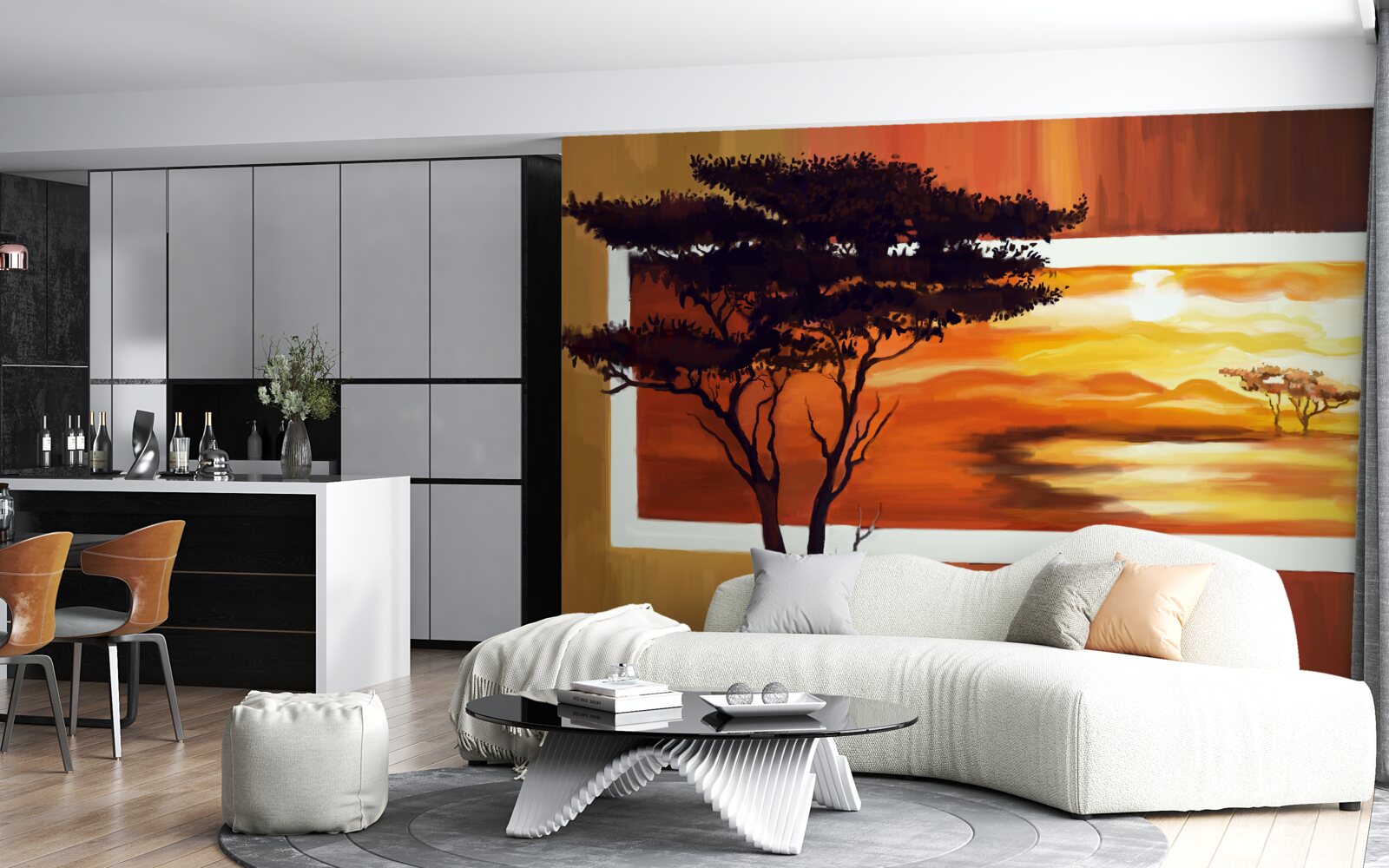 Papier peint lac au coucher du soleil avec bonsaï