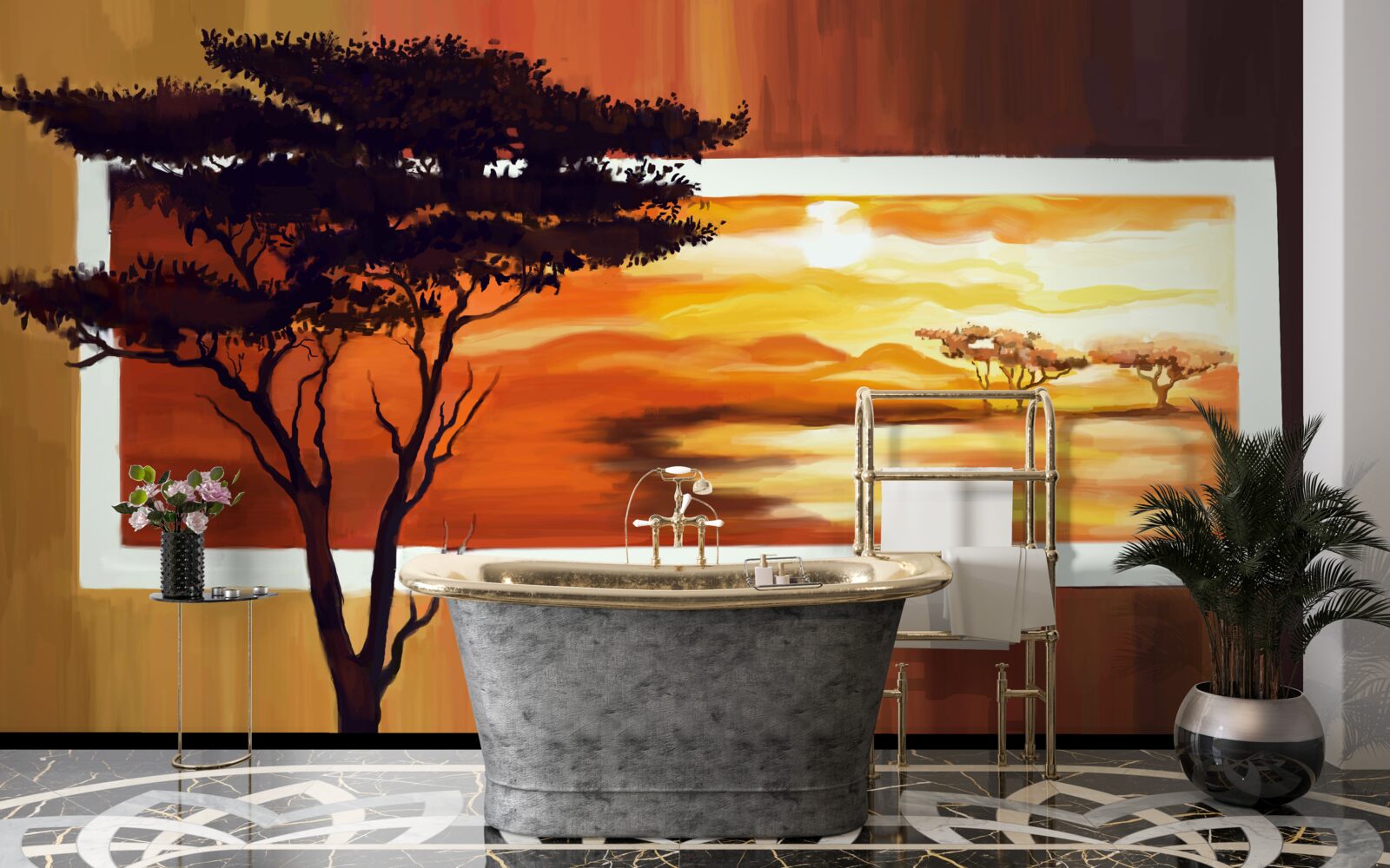 Papier peint lac au coucher du soleil avec bonsaï