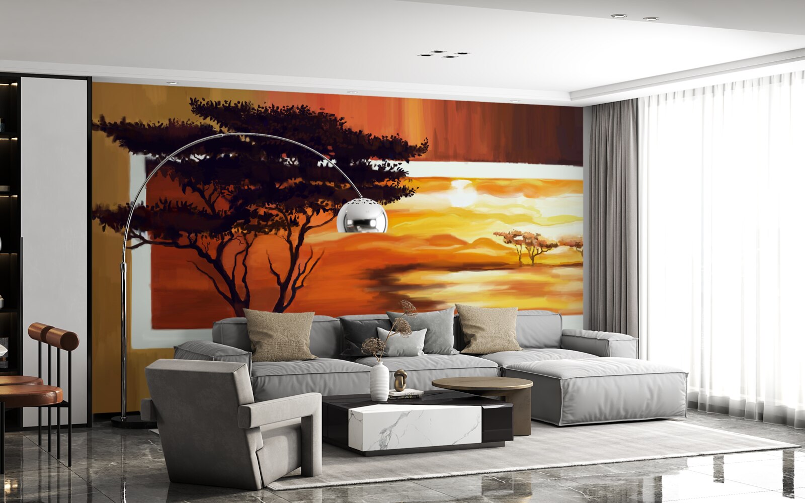 Papier peint lac au coucher du soleil avec bonsaï