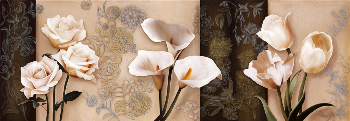 Papier peint tulipes, callae et roses en beige