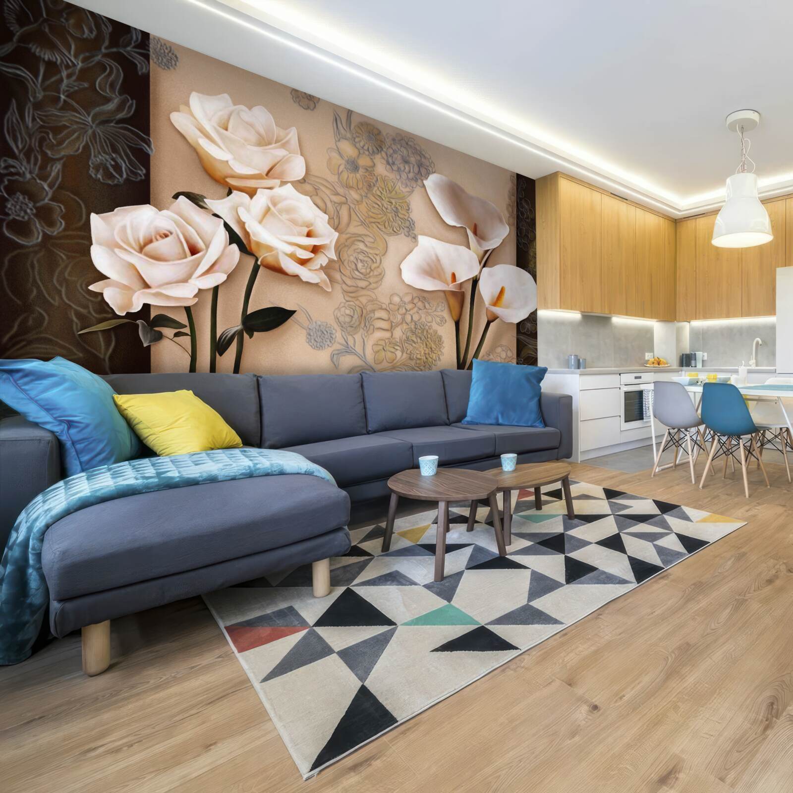 Papier peint tulipes, callae et roses en beige