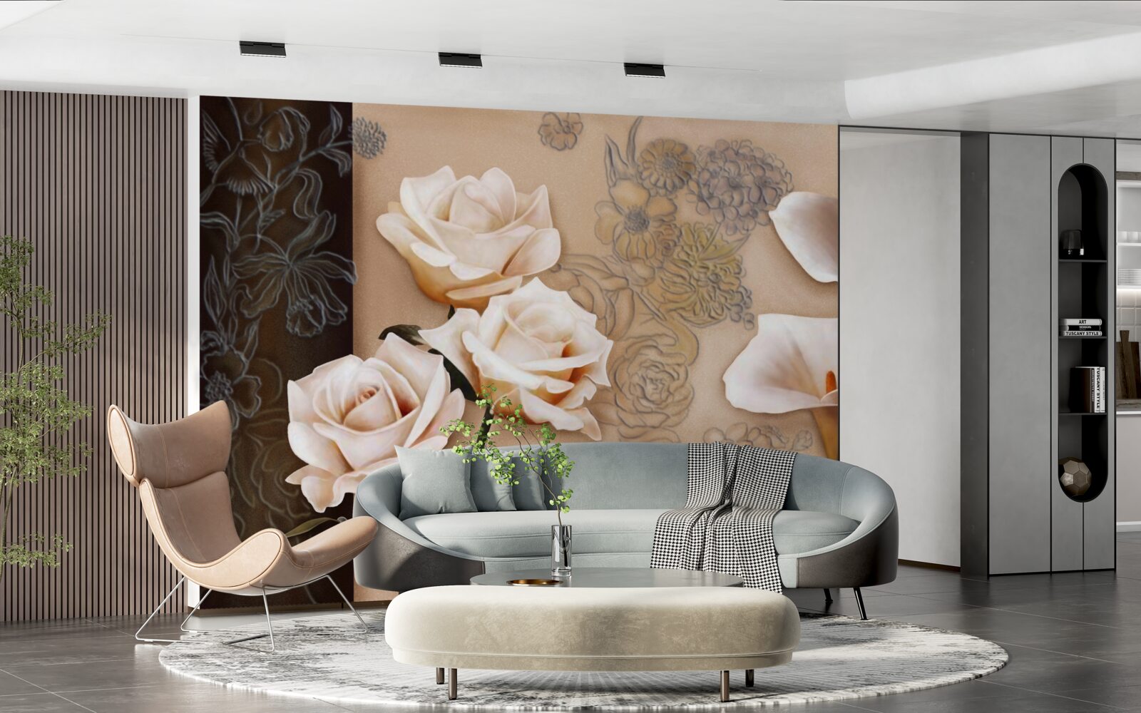 Papier peint tulipes, callae et roses en beige