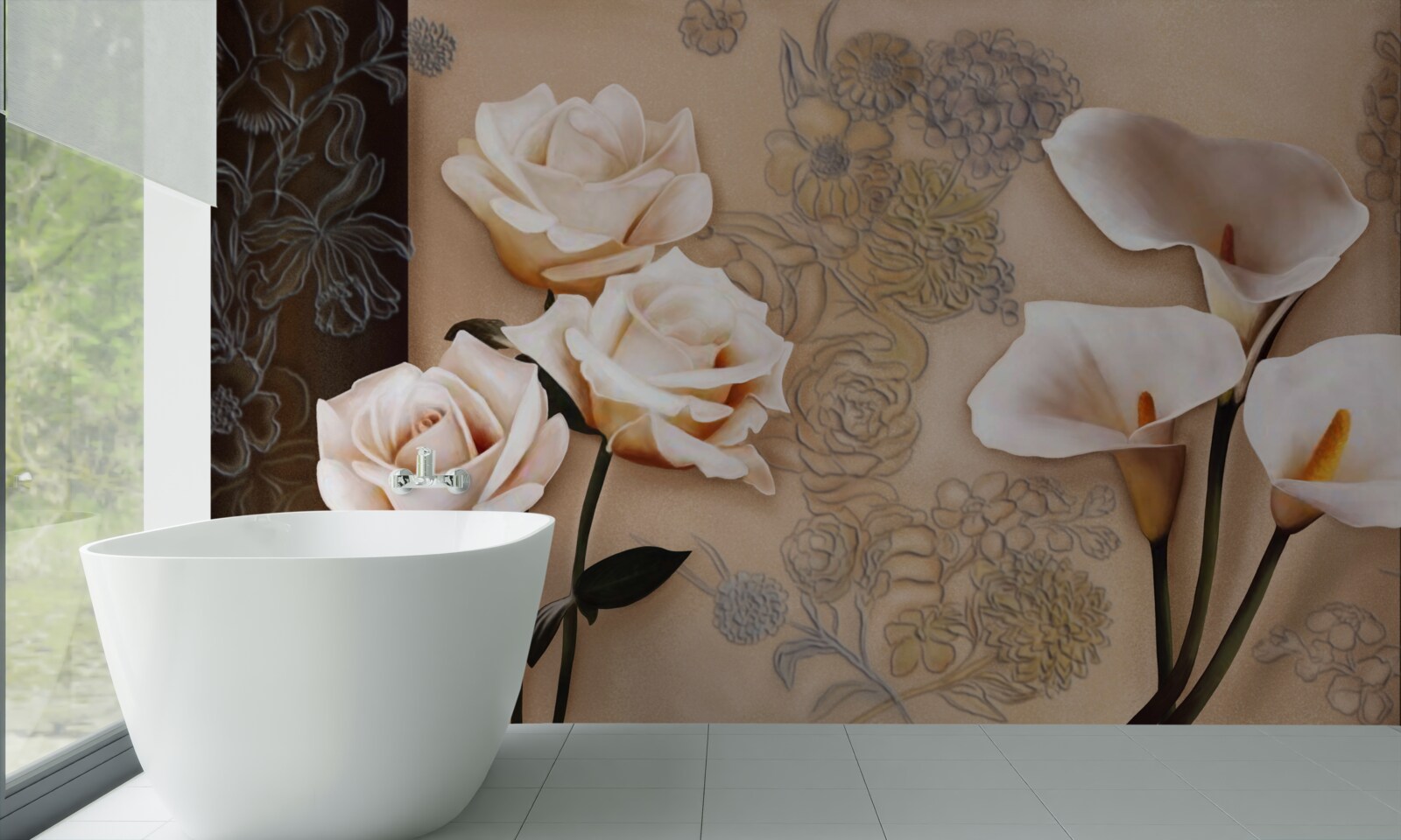 Papier peint tulipes, callae et roses en beige