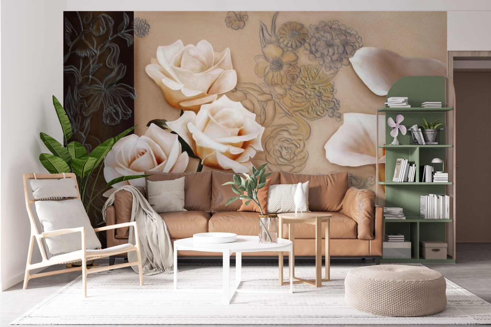 Papier peint tulipes, callae et roses en beige