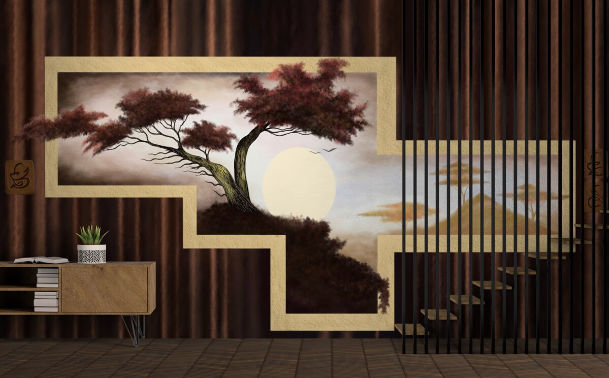 Papier peint lever de soleil sur un vieux bonsaï