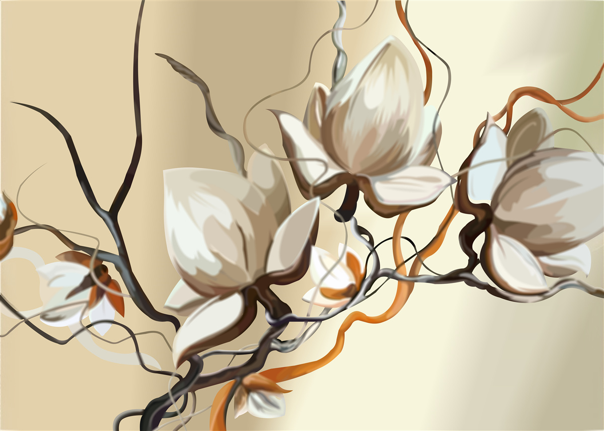 Papier peint branches de magnolia en fleurs blanches