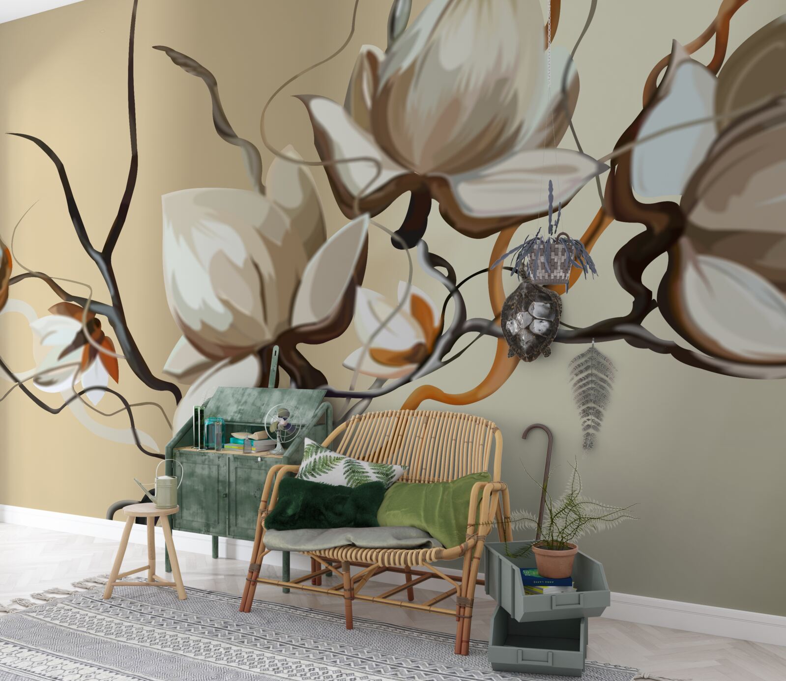 Papier peint branches de magnolia en fleurs blanches