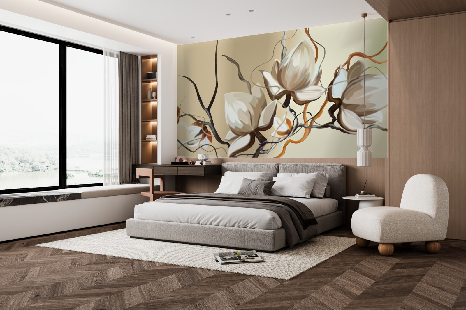 Papier peint branches de magnolia en fleurs blanches