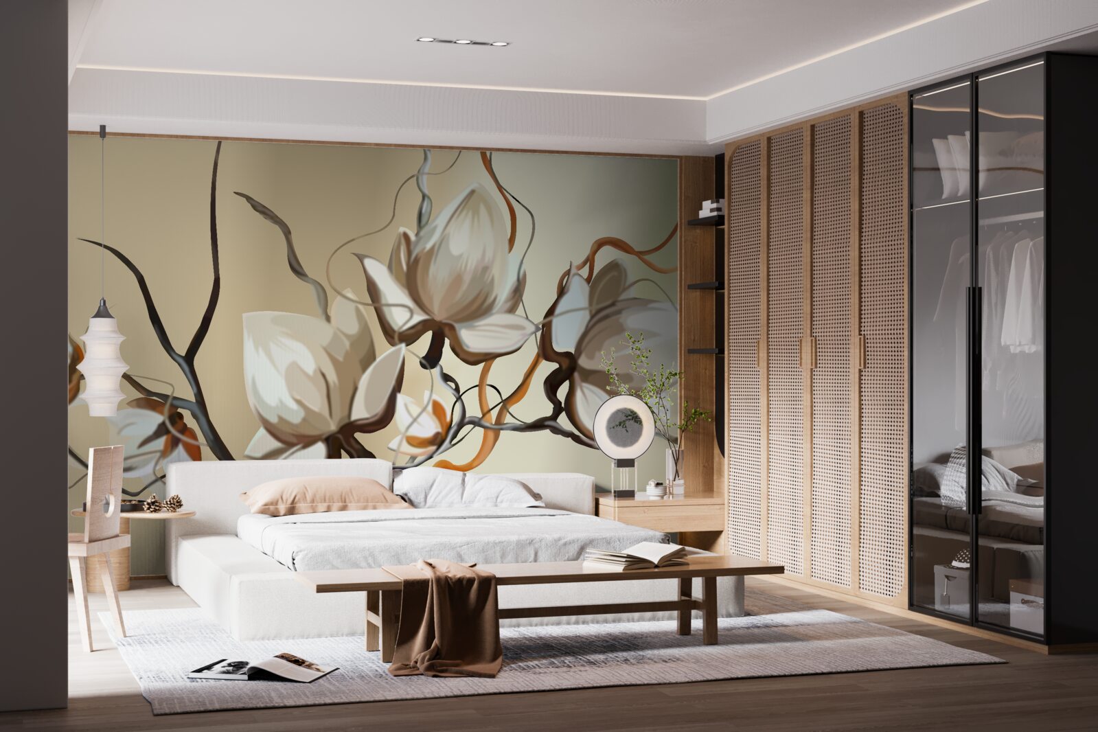 Papier peint branches de magnolia en fleurs blanches