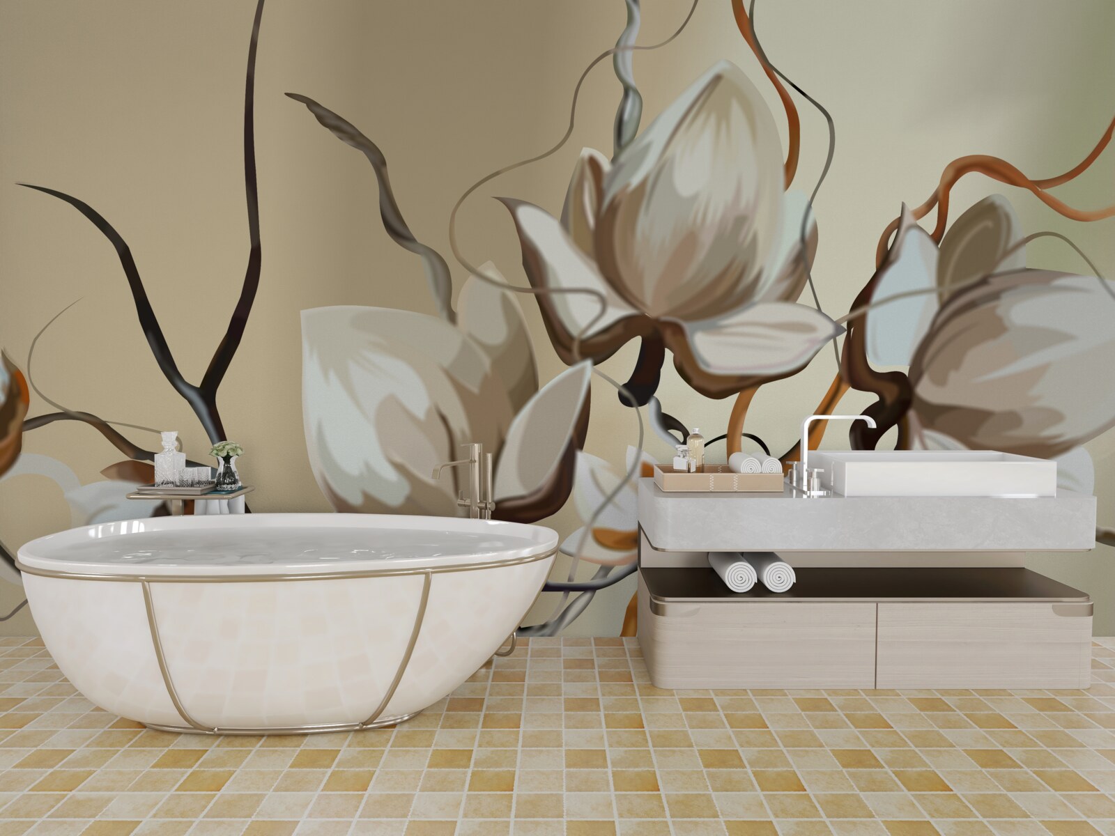 Papier peint branches de magnolia en fleurs blanches