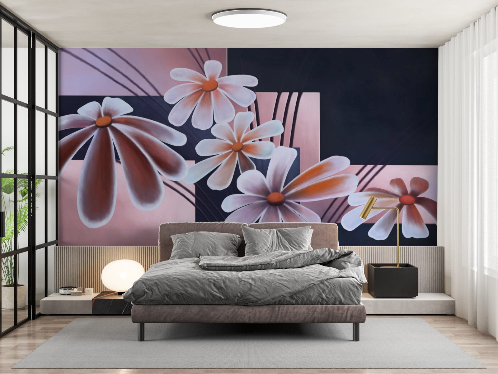 Papier peint cinq marguerites blanches sur toile