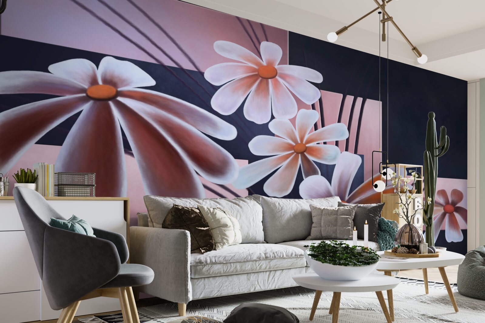 Papier peint cinq marguerites blanches sur toile