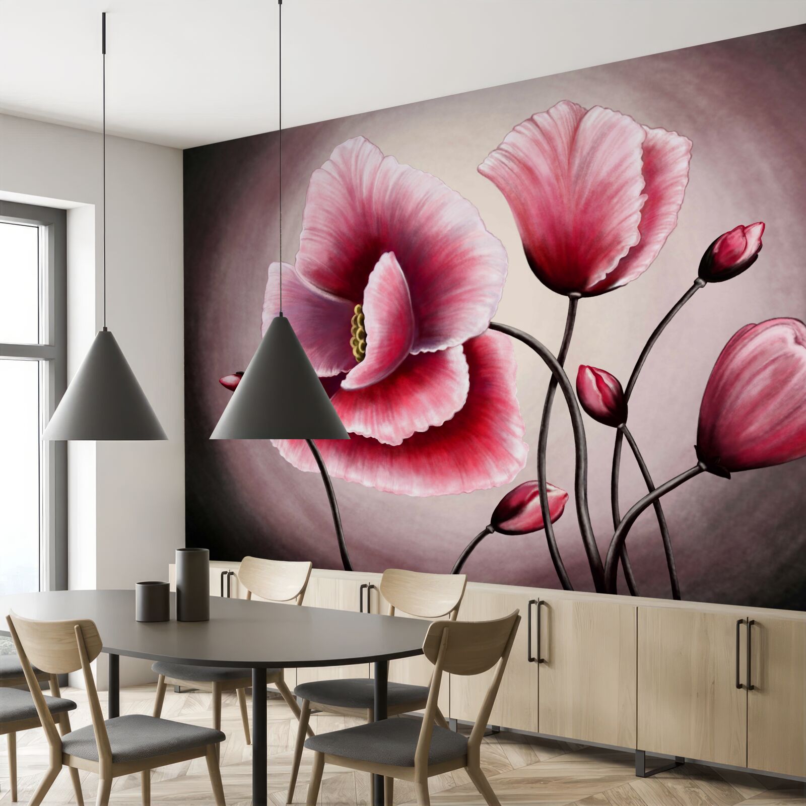 Papier peint coquelicots en fleurs roses