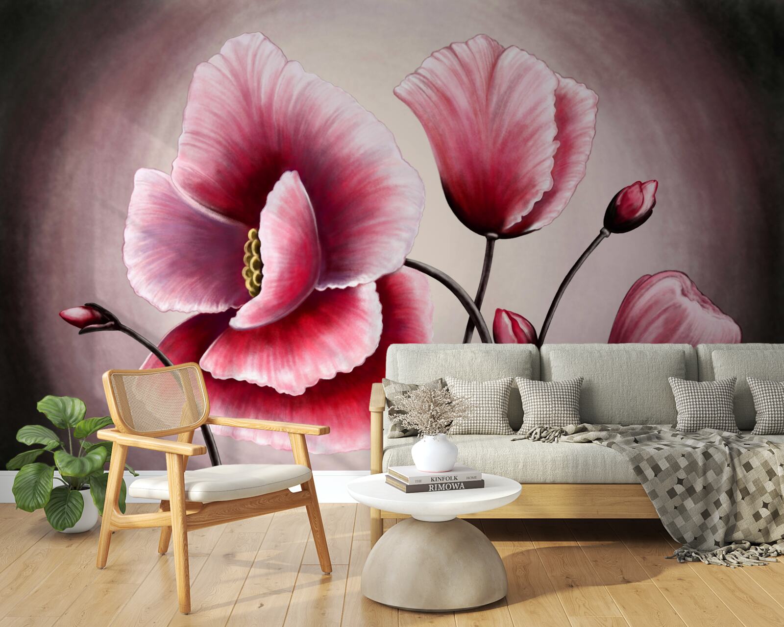 Papier peint coquelicots en fleurs roses