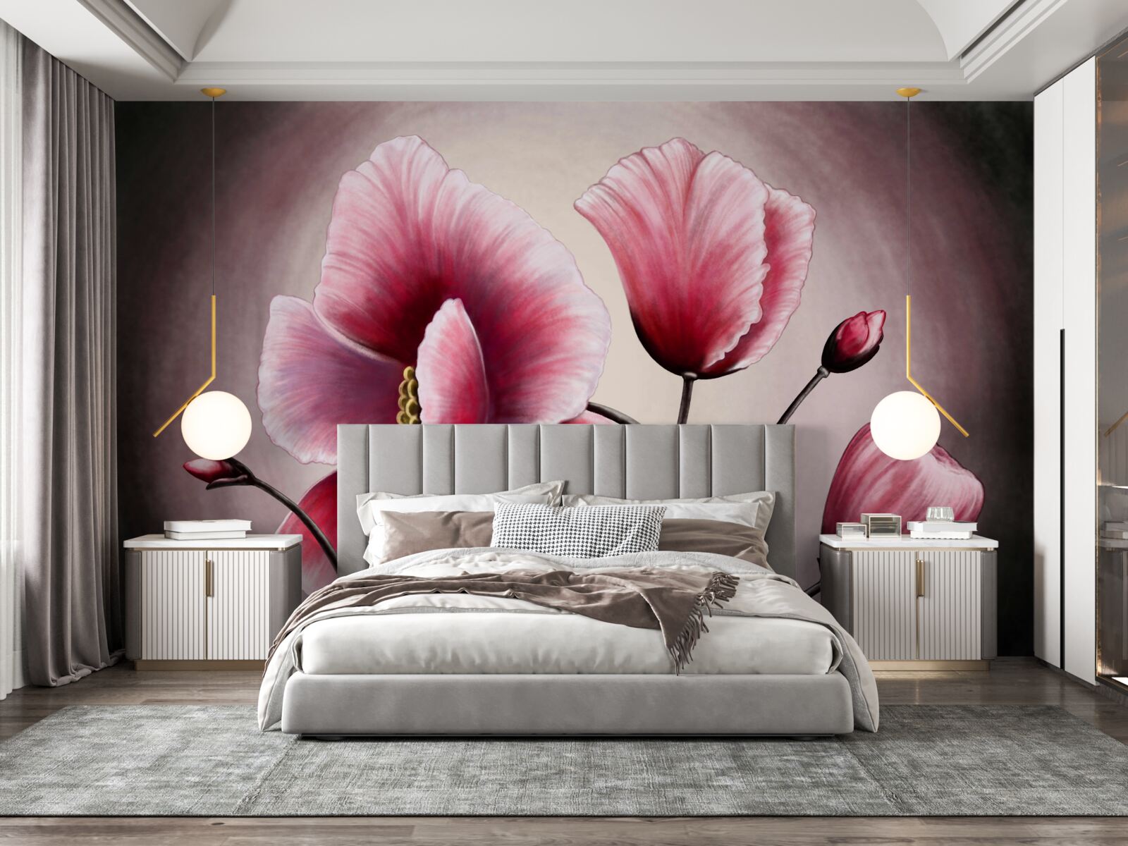 Papier peint coquelicots en fleurs roses