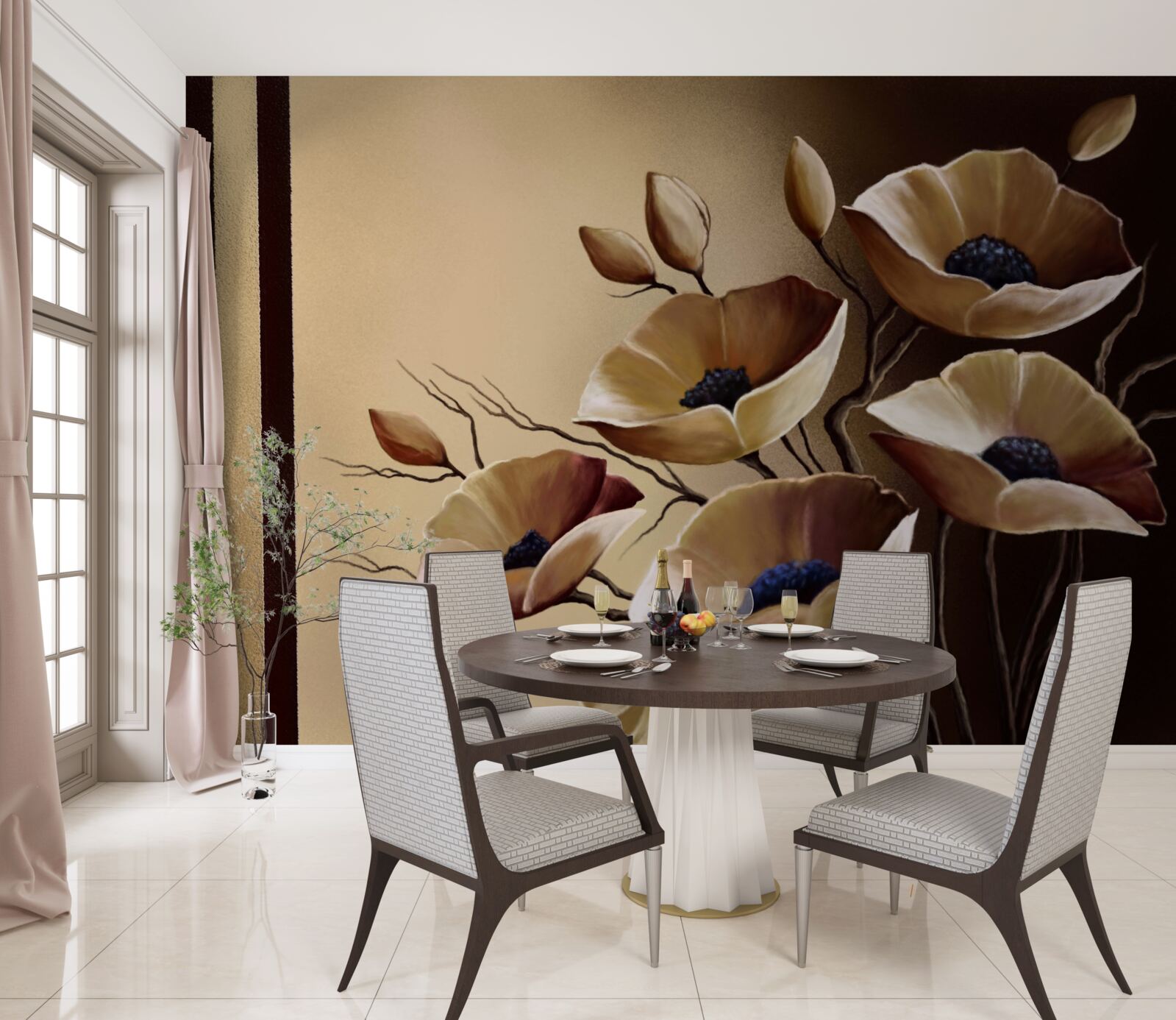 Papier peint coquelicots beiges dans un style abstrait