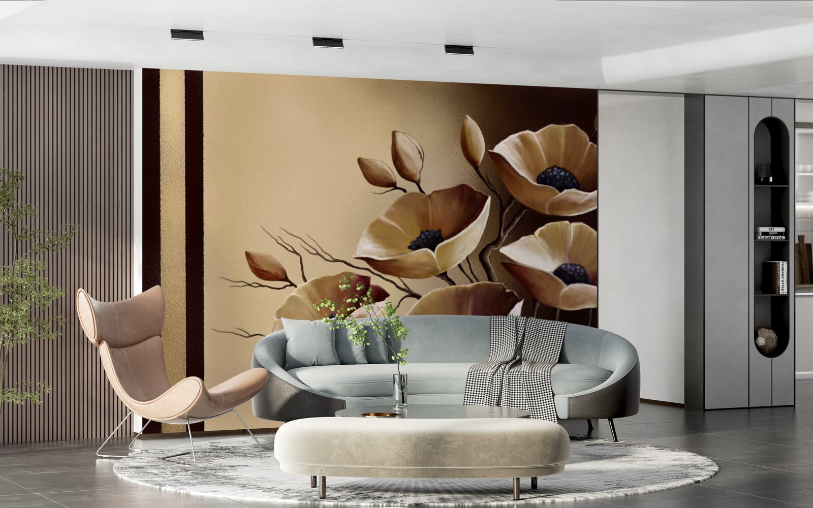 Papier peint coquelicots beiges dans un style abstrait