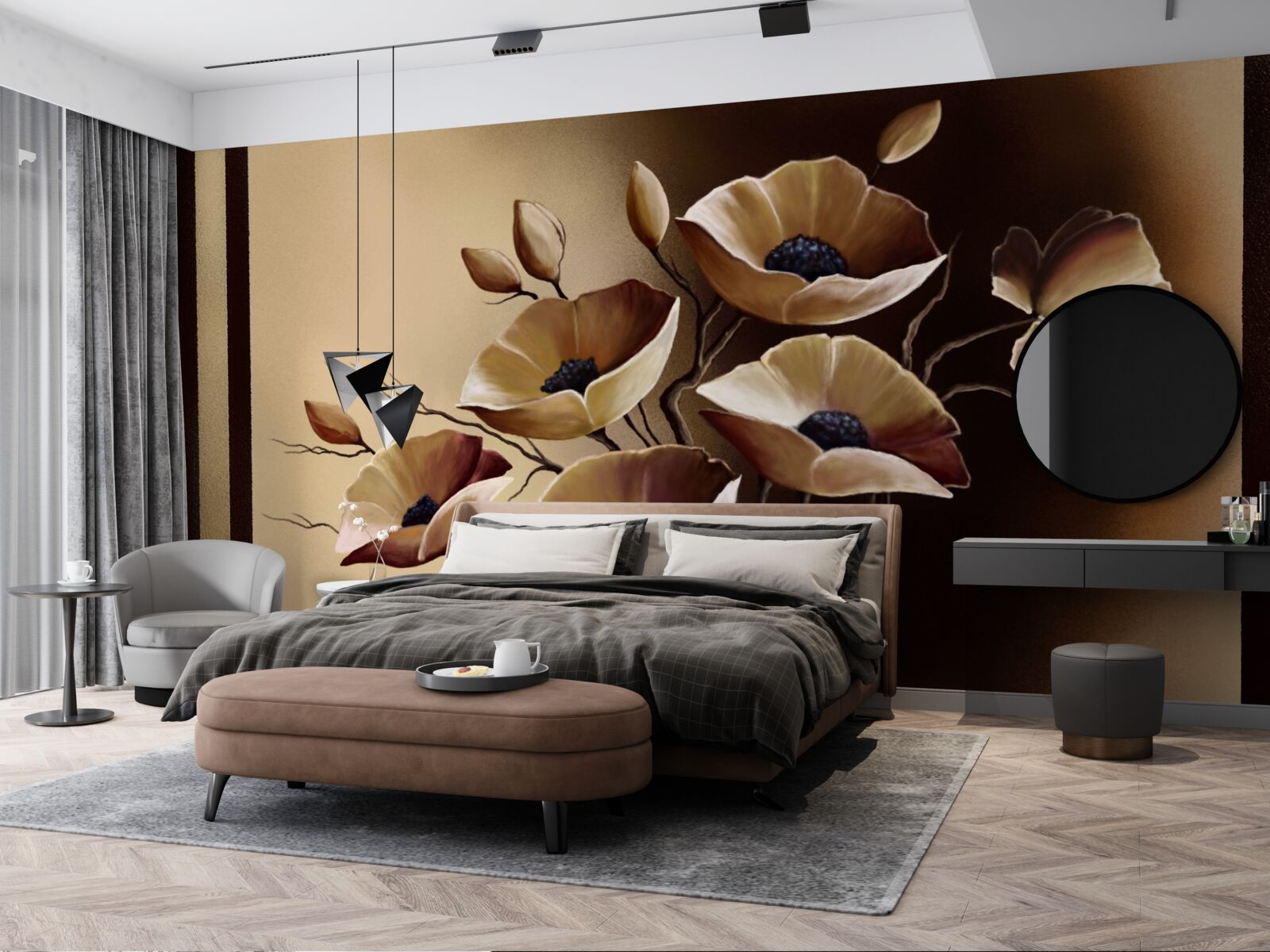 Papier peint coquelicots beiges dans un style abstrait