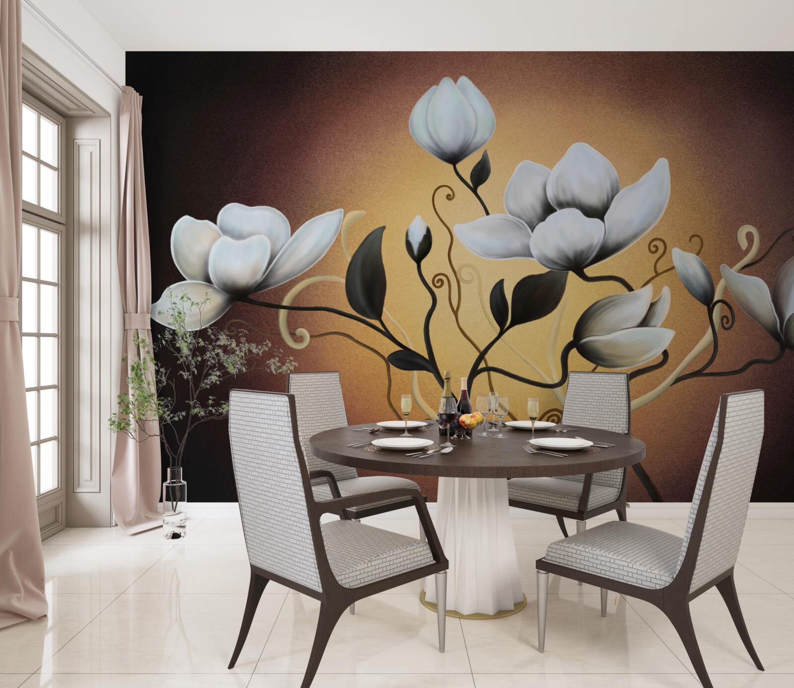 Papier peint magnolia bouquet de fleurs blanchâtres