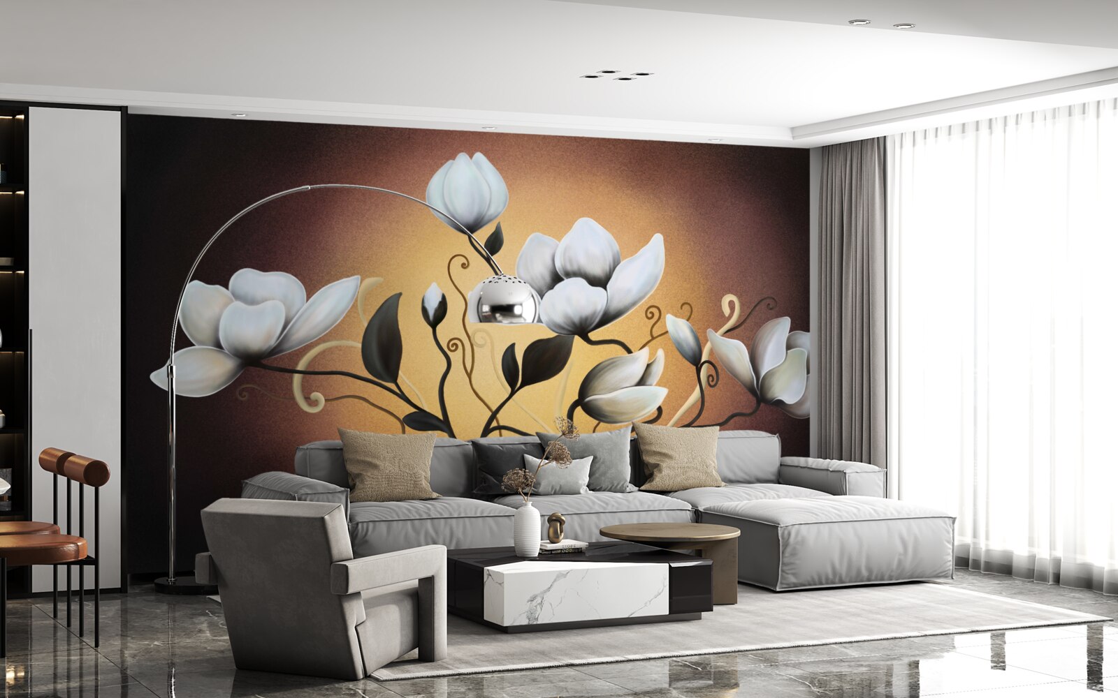 Papier peint magnolia bouquet de fleurs blanchâtres