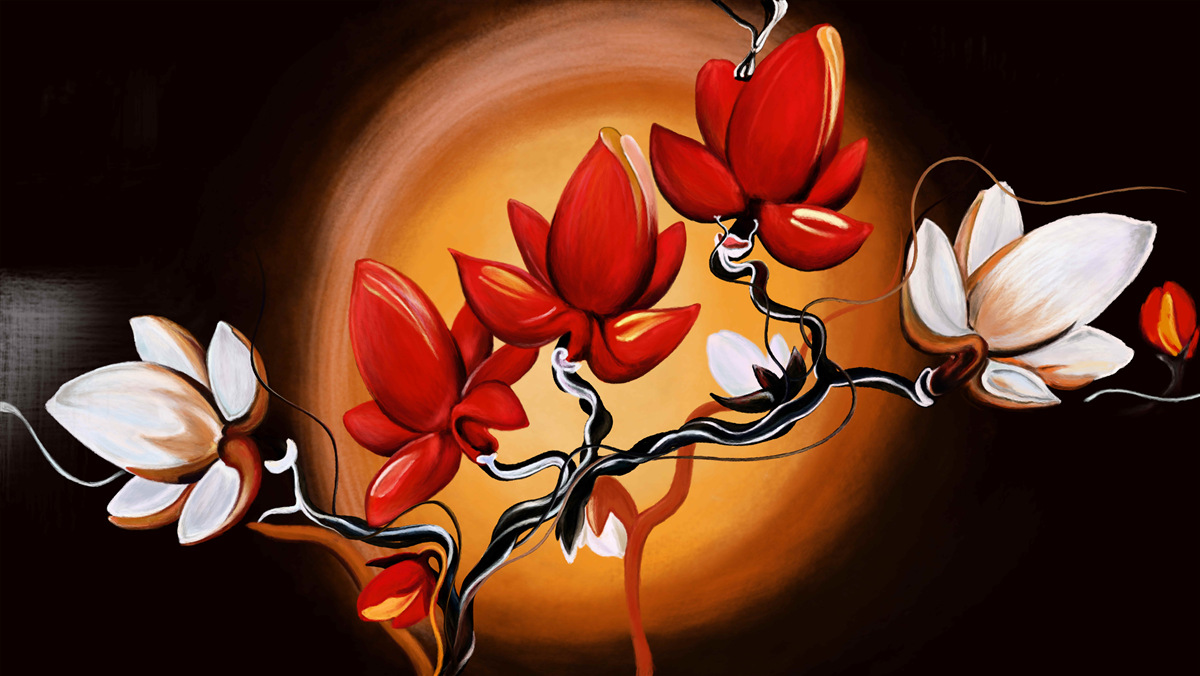 Papier peint tronc de magnolia, peint dans des tons blancs et rouges