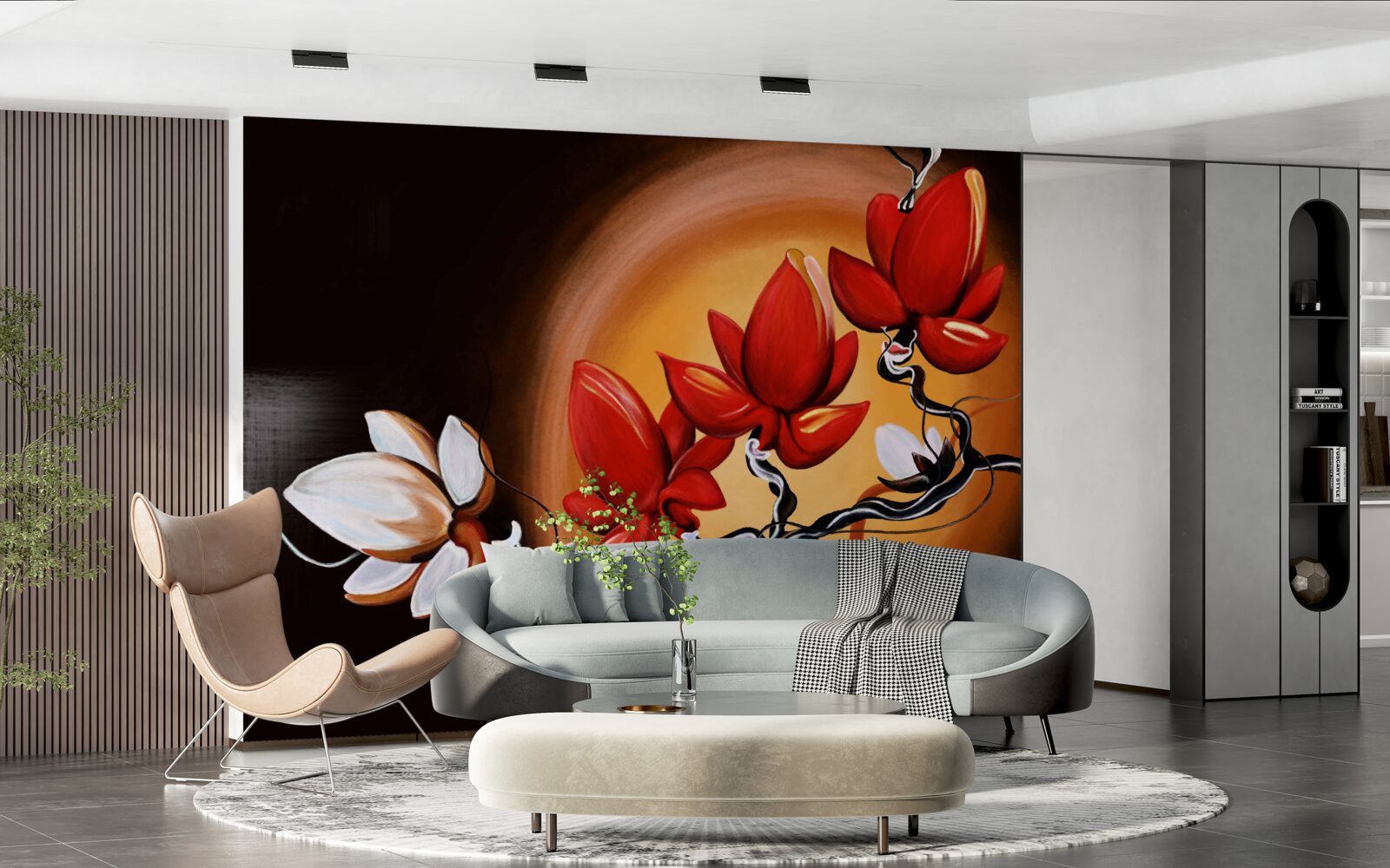 Papier peint tronc de magnolia, peint dans des tons blancs et rouges